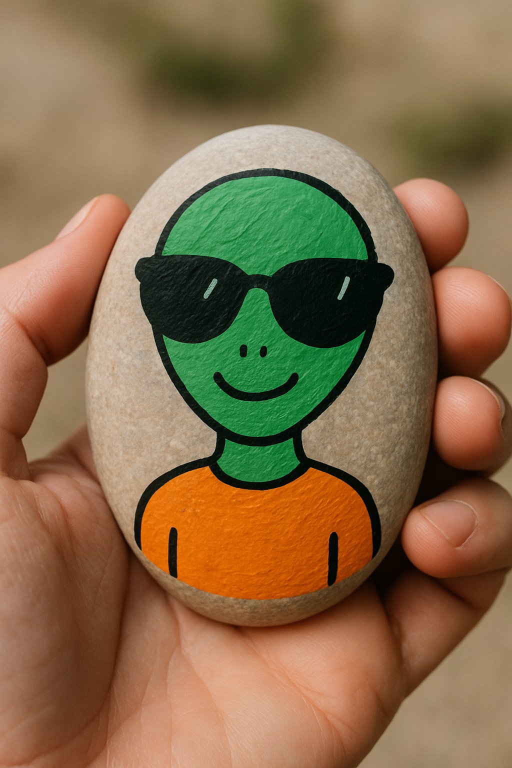 A hand holding a smooth river rock painted with an alien wearing sunglasses.