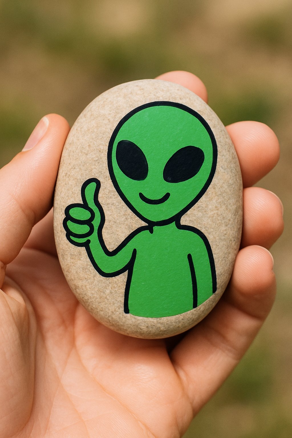 A hand holding a smooth river rock painted with a colorful alien giving a thumbs up.