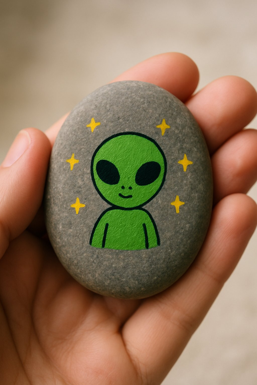A hand holding a smooth river rock painted with a small green alien surrounded by tiny yellow stars.