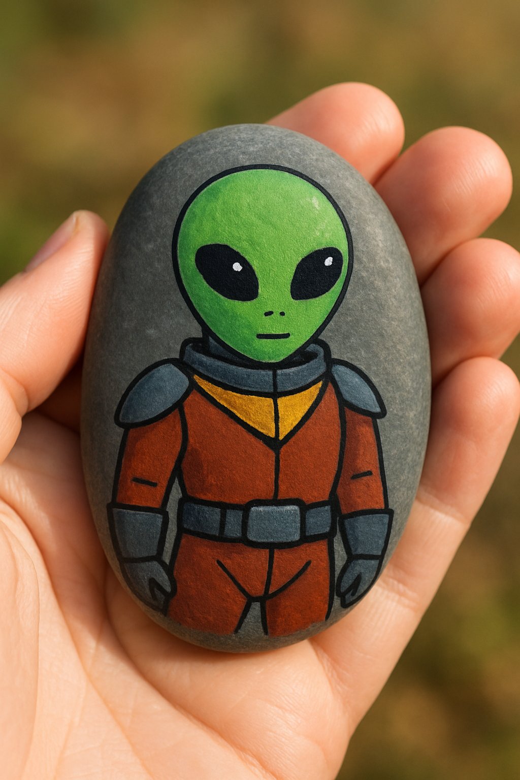 A hand holding a smooth painted river rock with an alien design.