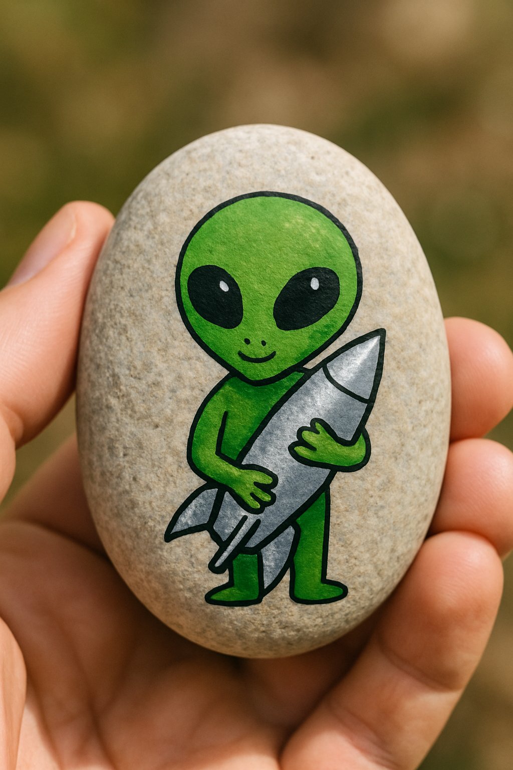 A hand holding a smooth river rock painted with a small green alien holding a rocket ship.