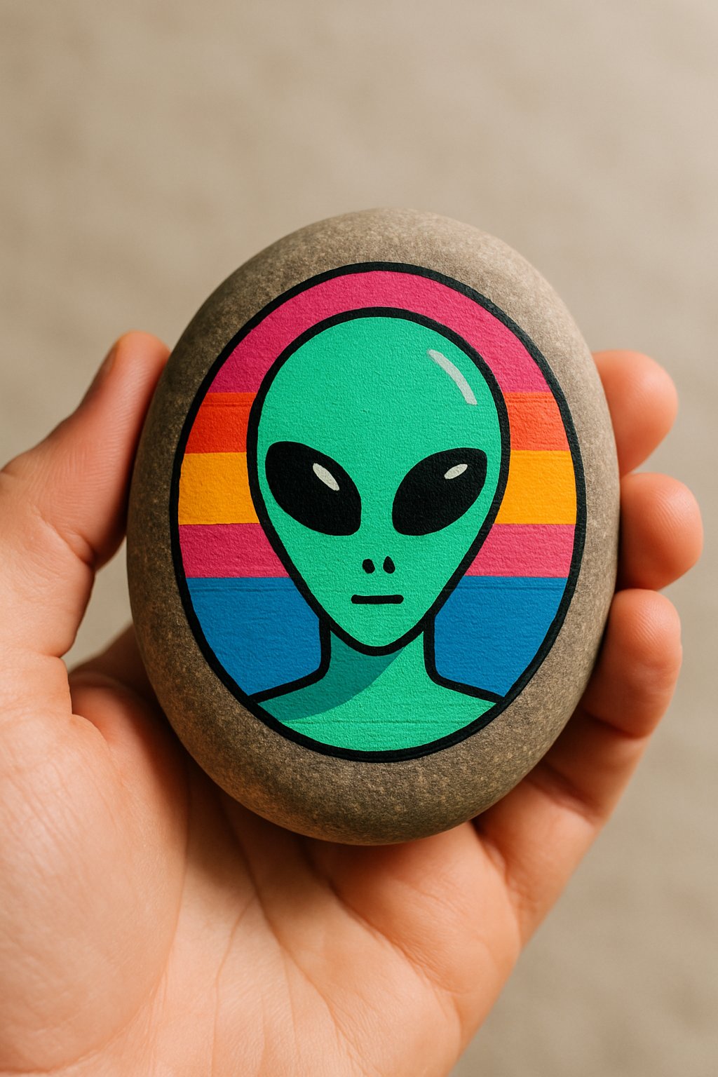 A hand holding a smooth painted rock with an alien design.