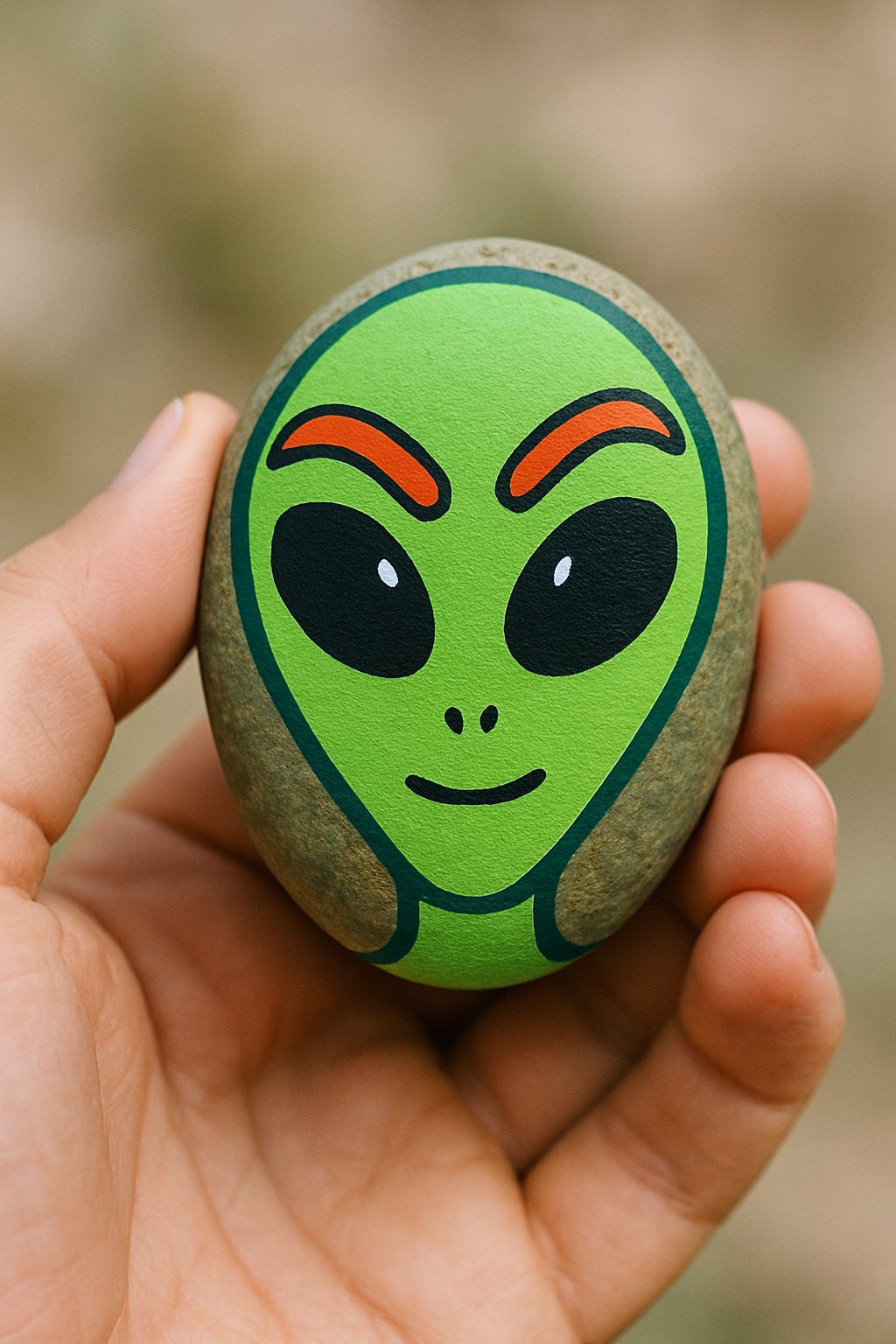 A hand holding a smooth river rock painted with a colorful alien face with funny eyebrows.