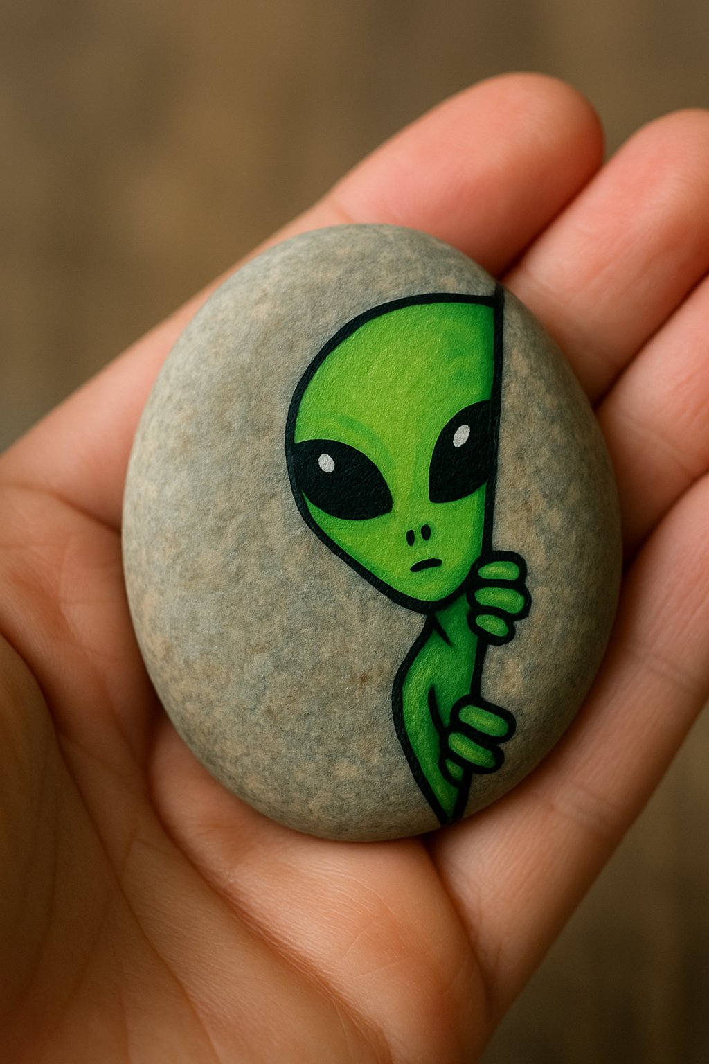 A hand holding a smooth river rock painted with a small alien peeking from behind its edges.