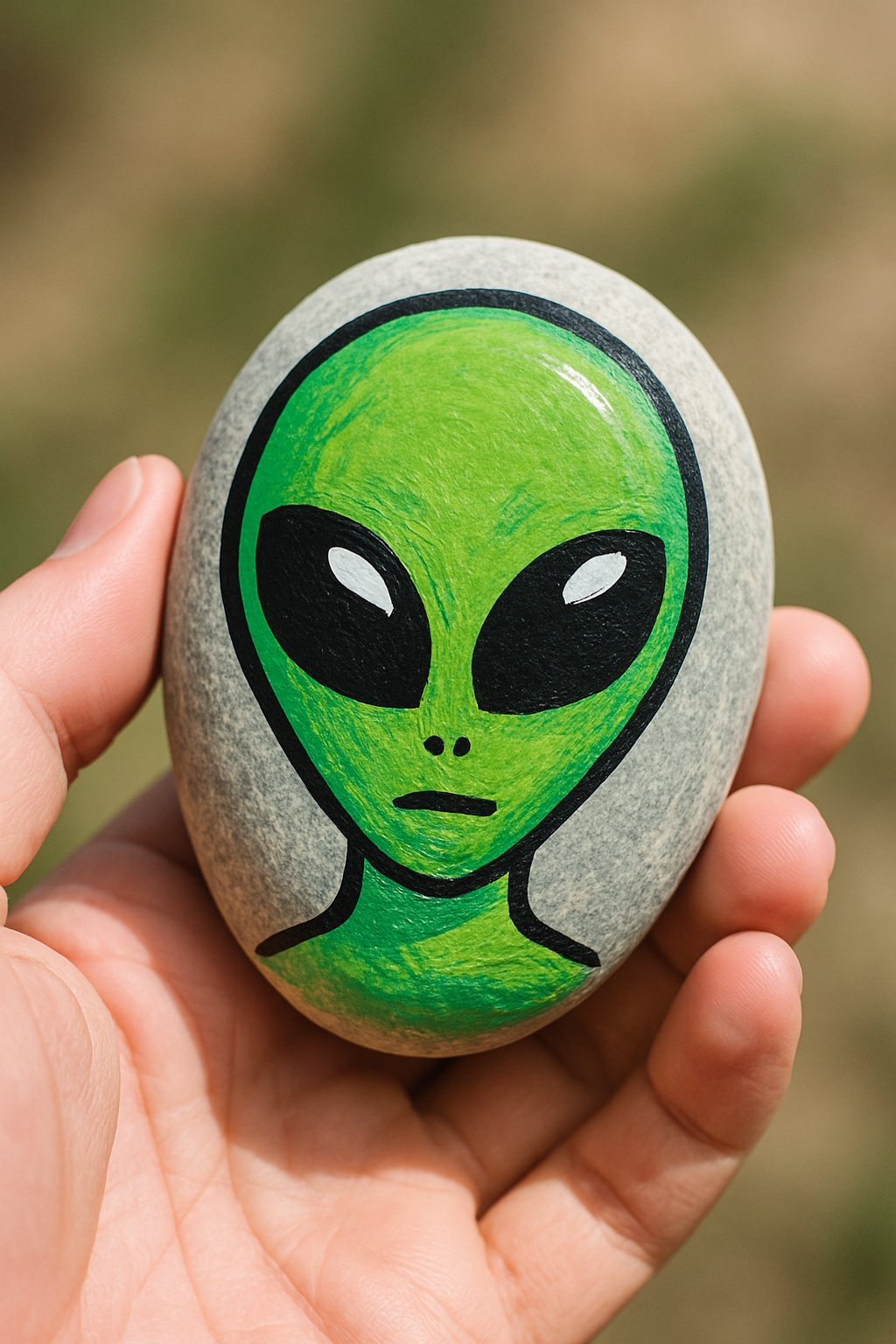 A hand holding a smooth painted rock with a simple alien design.