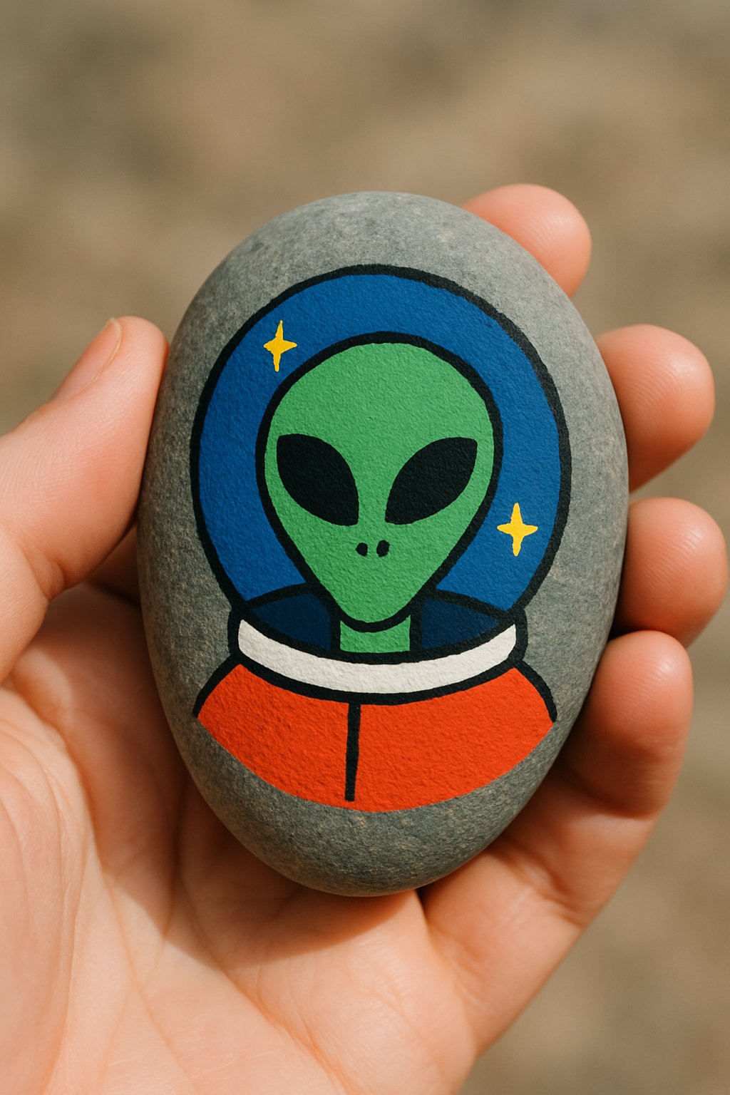 A hand holding a smooth painted rock with an alien wearing a space cap design.
