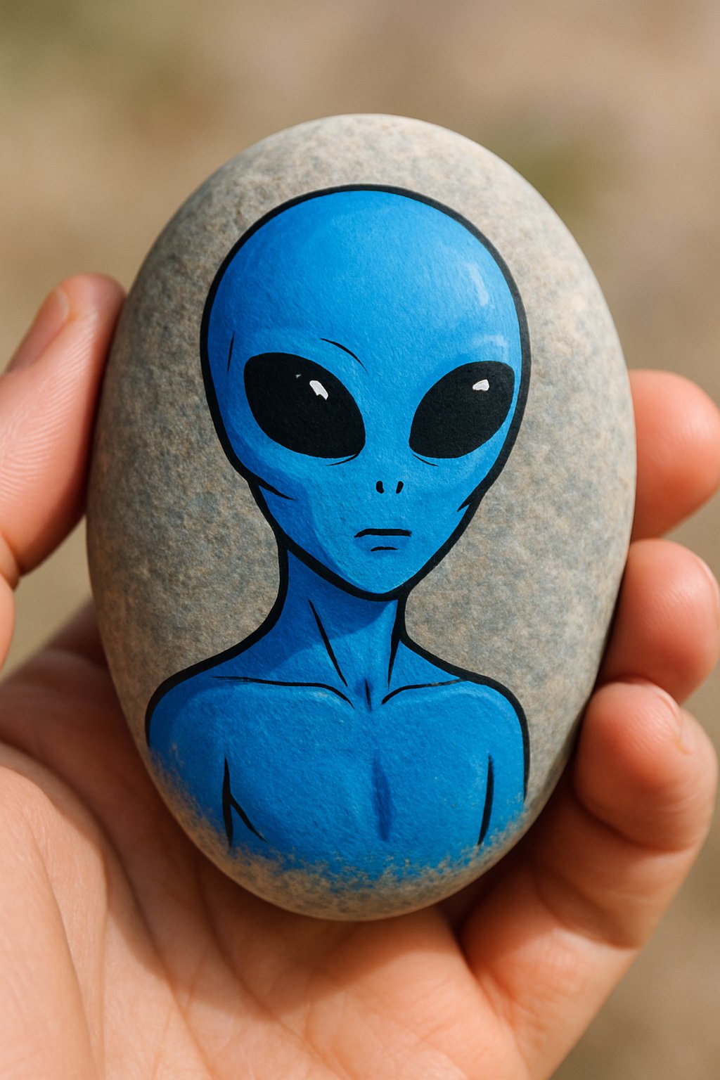 A hand holding a smooth river rock painted with a simple alien design in electric blue.
