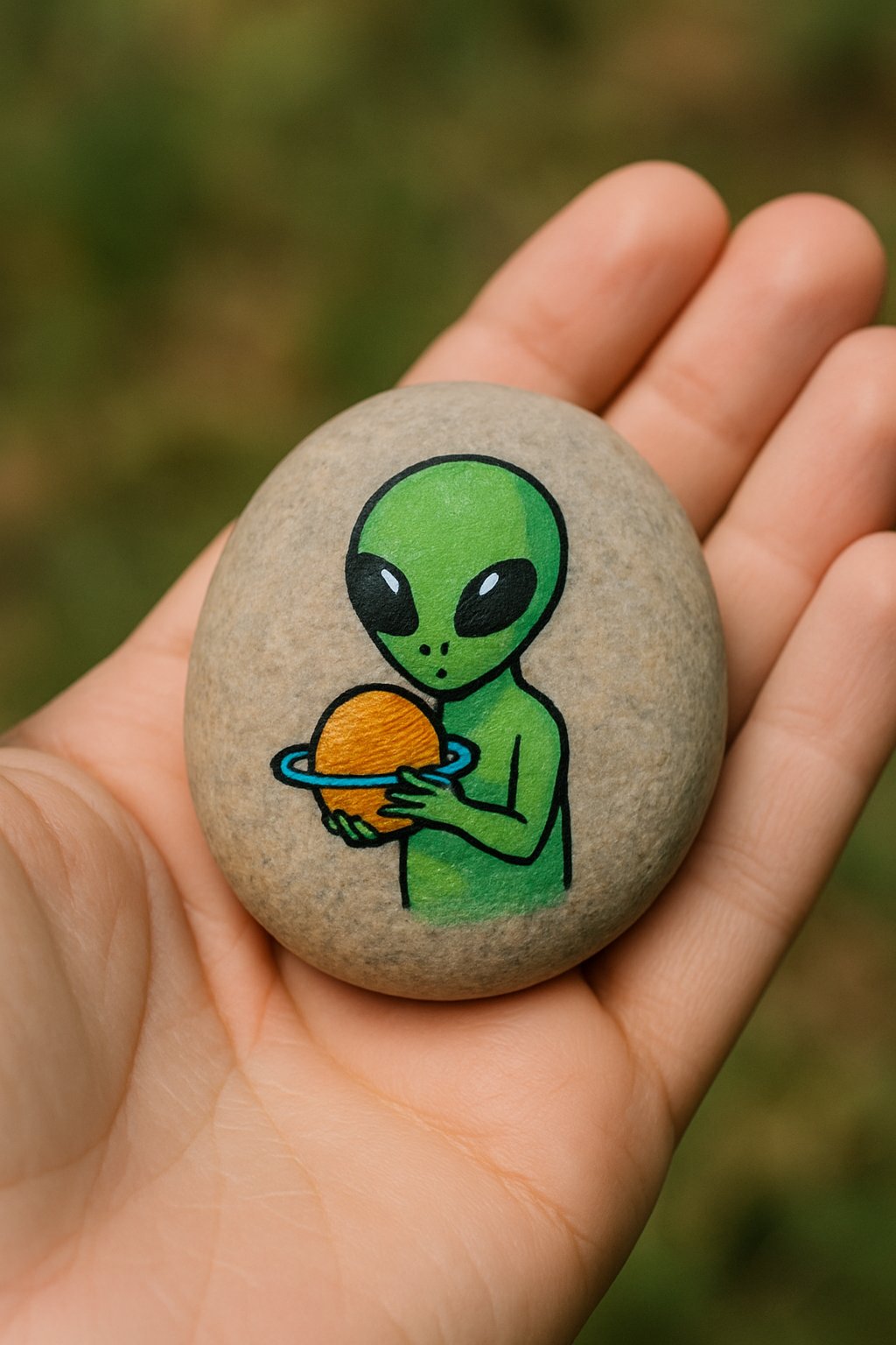 A hand holding a smooth river rock painted with a small green alien holding a miniature planet.