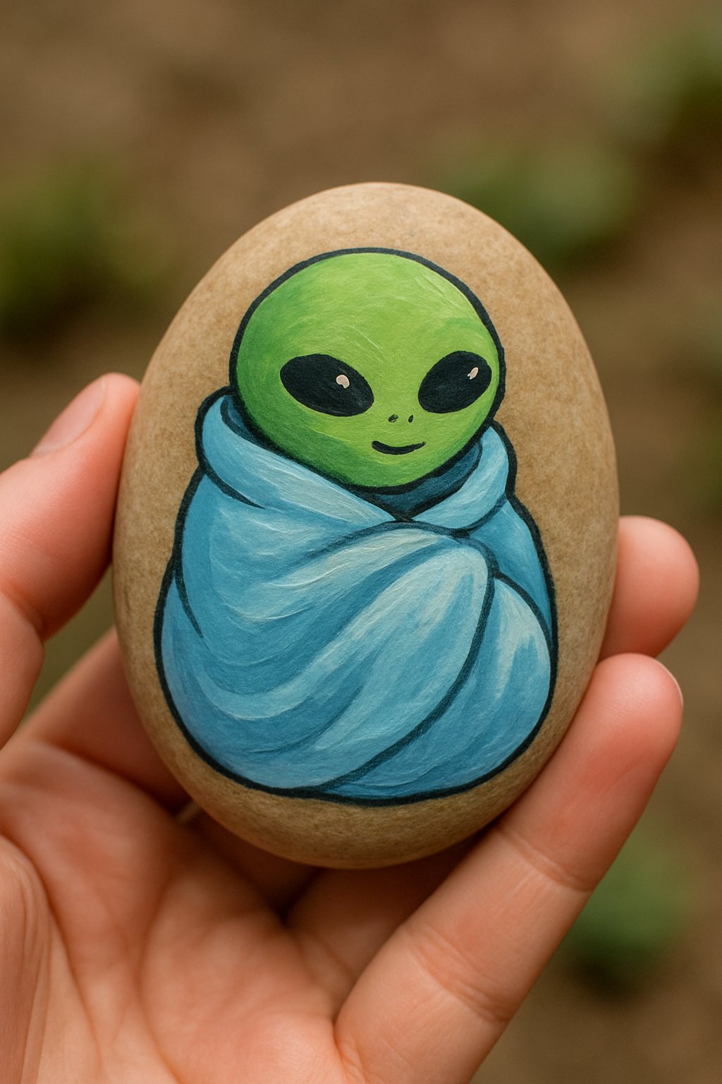 A hand holding a smooth river rock painted with an image of an alien wrapped in a blanket.
