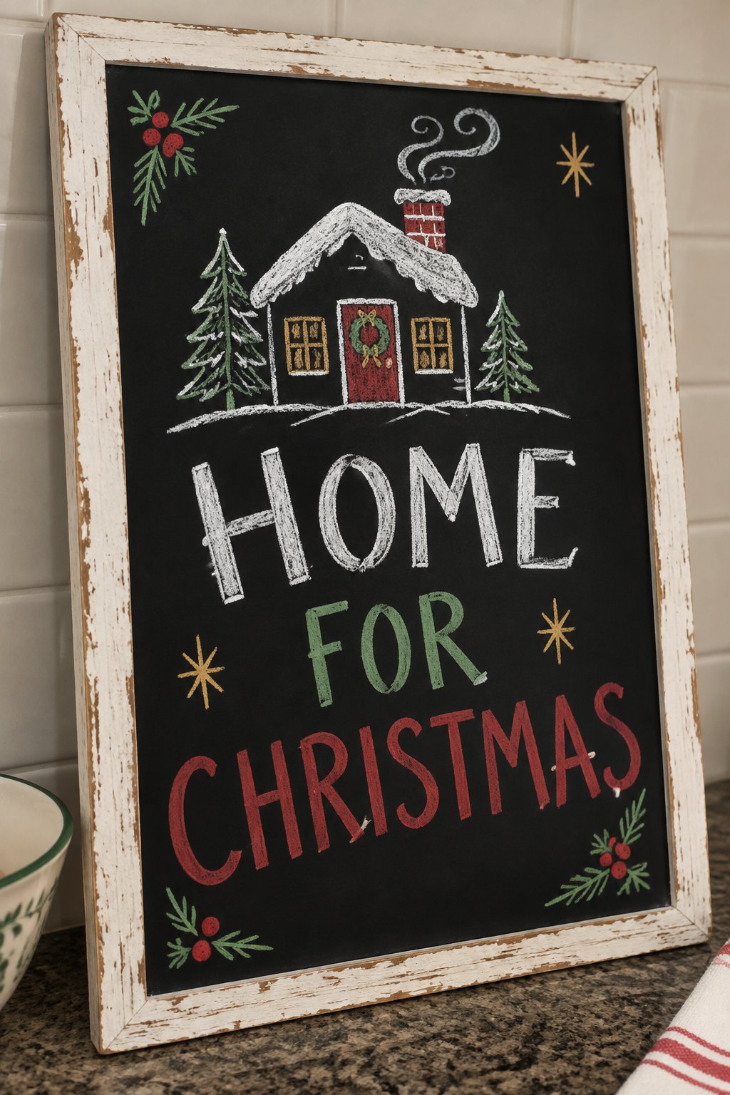 Home for Christmas Cottage: a hand-drawn christmas chalkboard sign reading "HOME FOR CHRISTMAS".