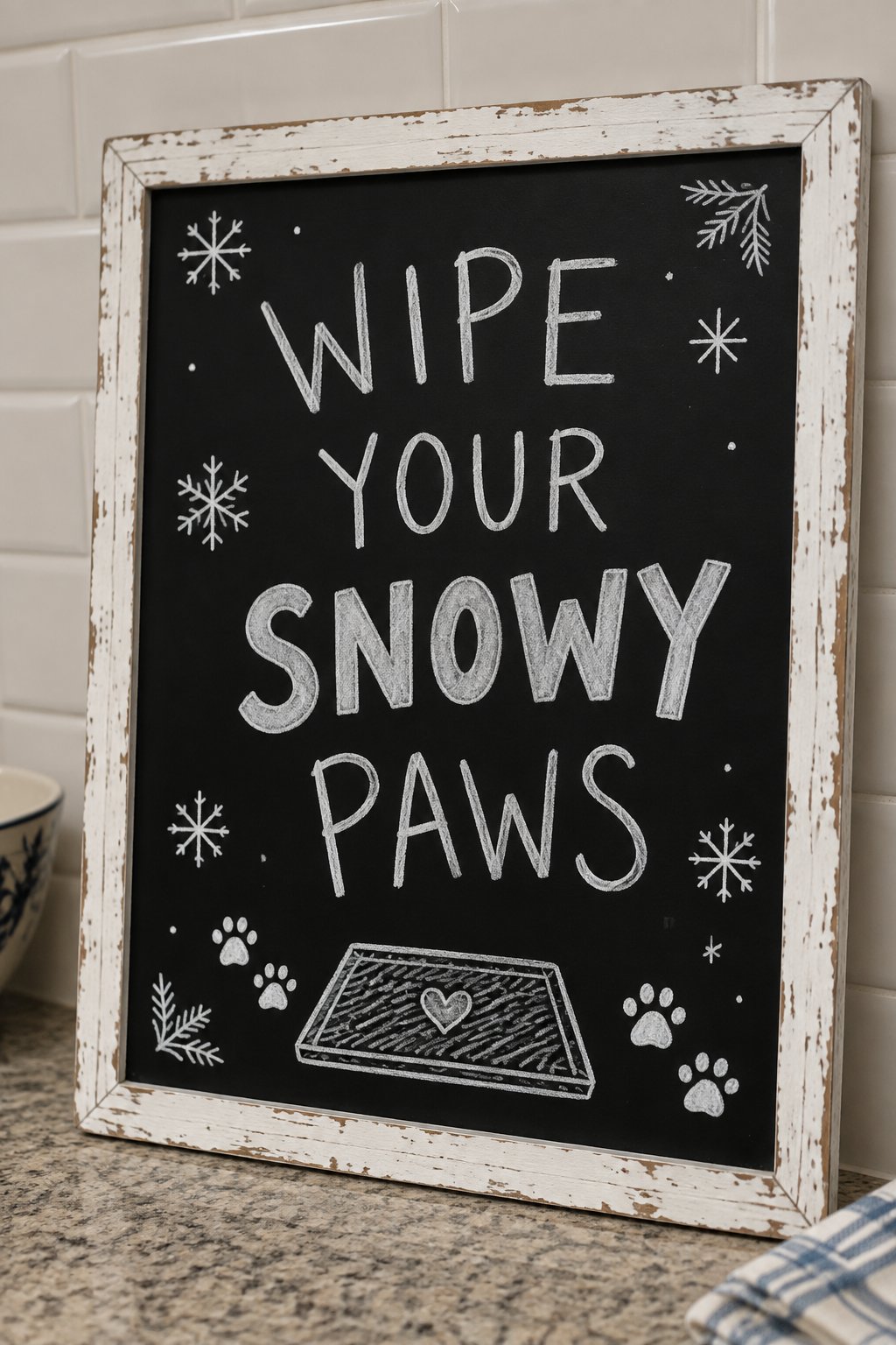 Snowy Paws Welcome: a hand-drawn winter chalkboard sign reading "WIPE YOUR SNOWY PAWS".