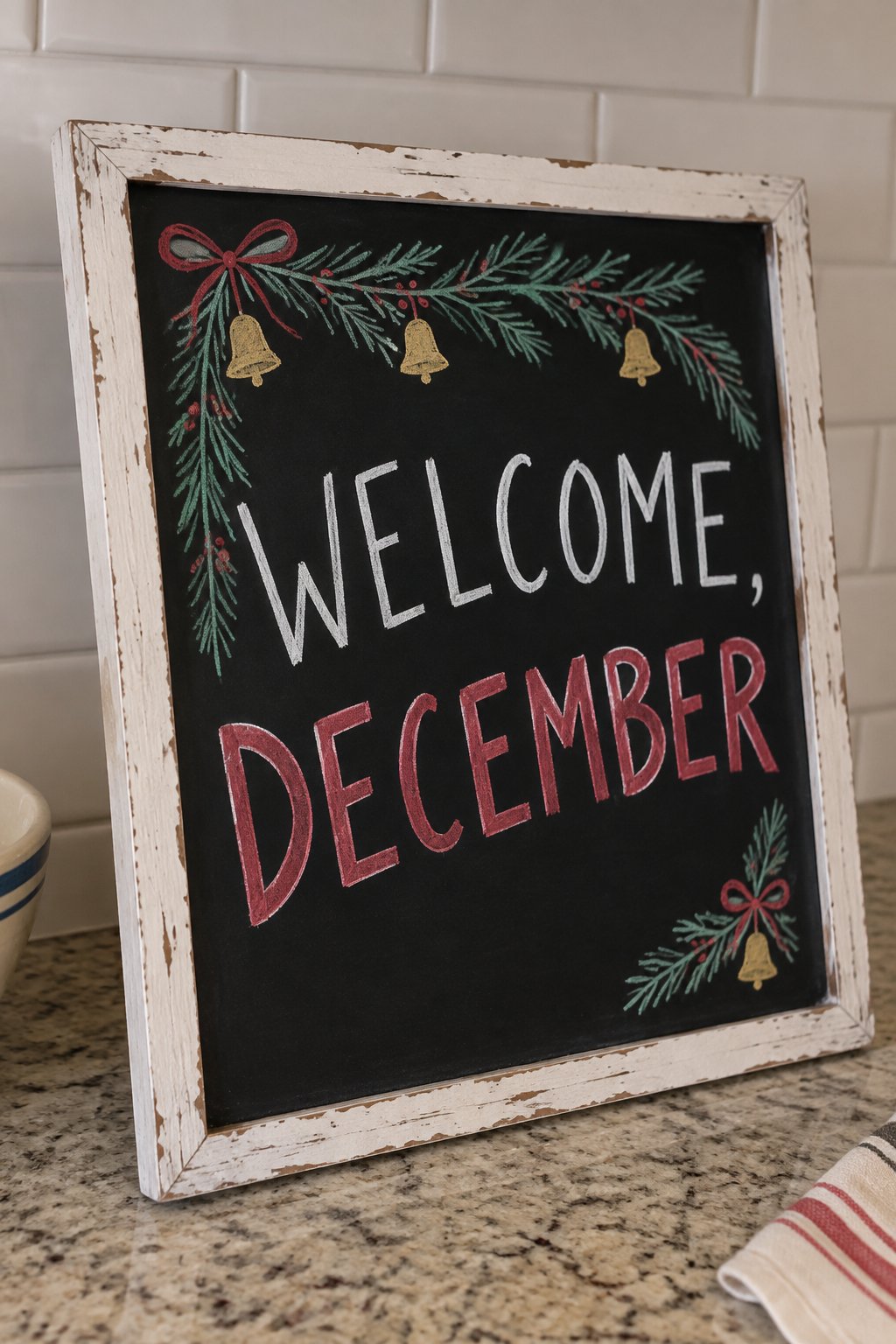 Welcome December Garland: a hand-drawn christmas chalkboard sign reading "WELCOME, DECEMBER".