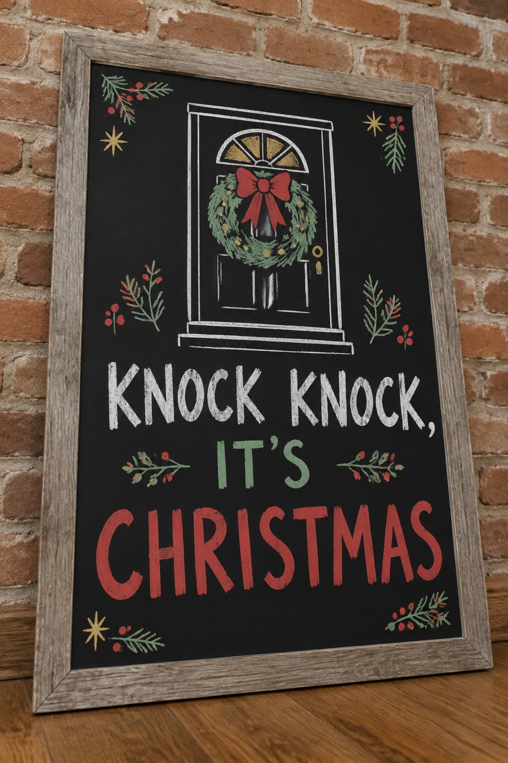 Knock Knock Wreath Door: a hand-drawn christmas chalkboard sign reading "KNOCK KNOCK, IT'S CHRISTMAS".