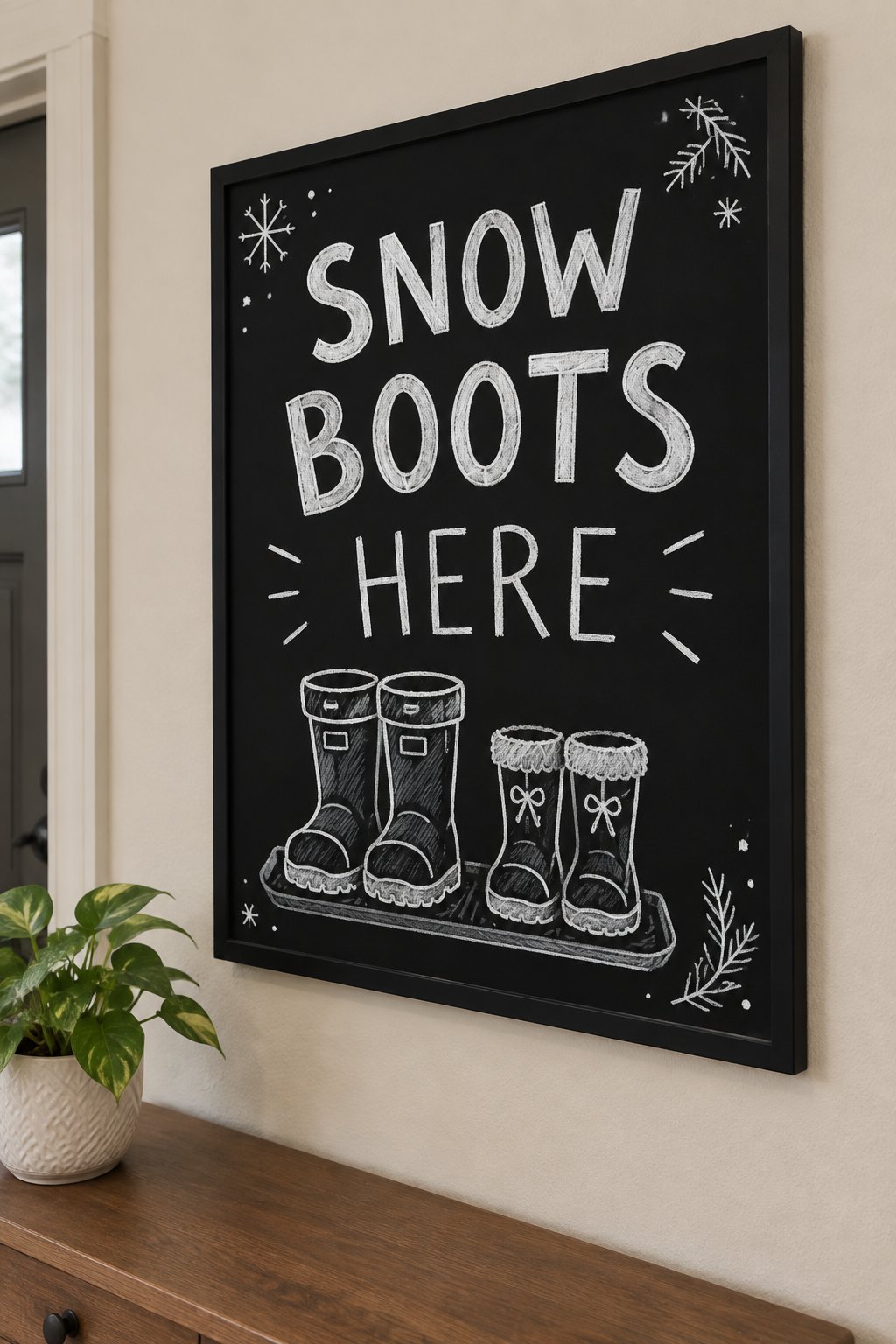 Snow Boots Here: a hand-drawn winter chalkboard sign reading "SNOW BOOTS HERE".