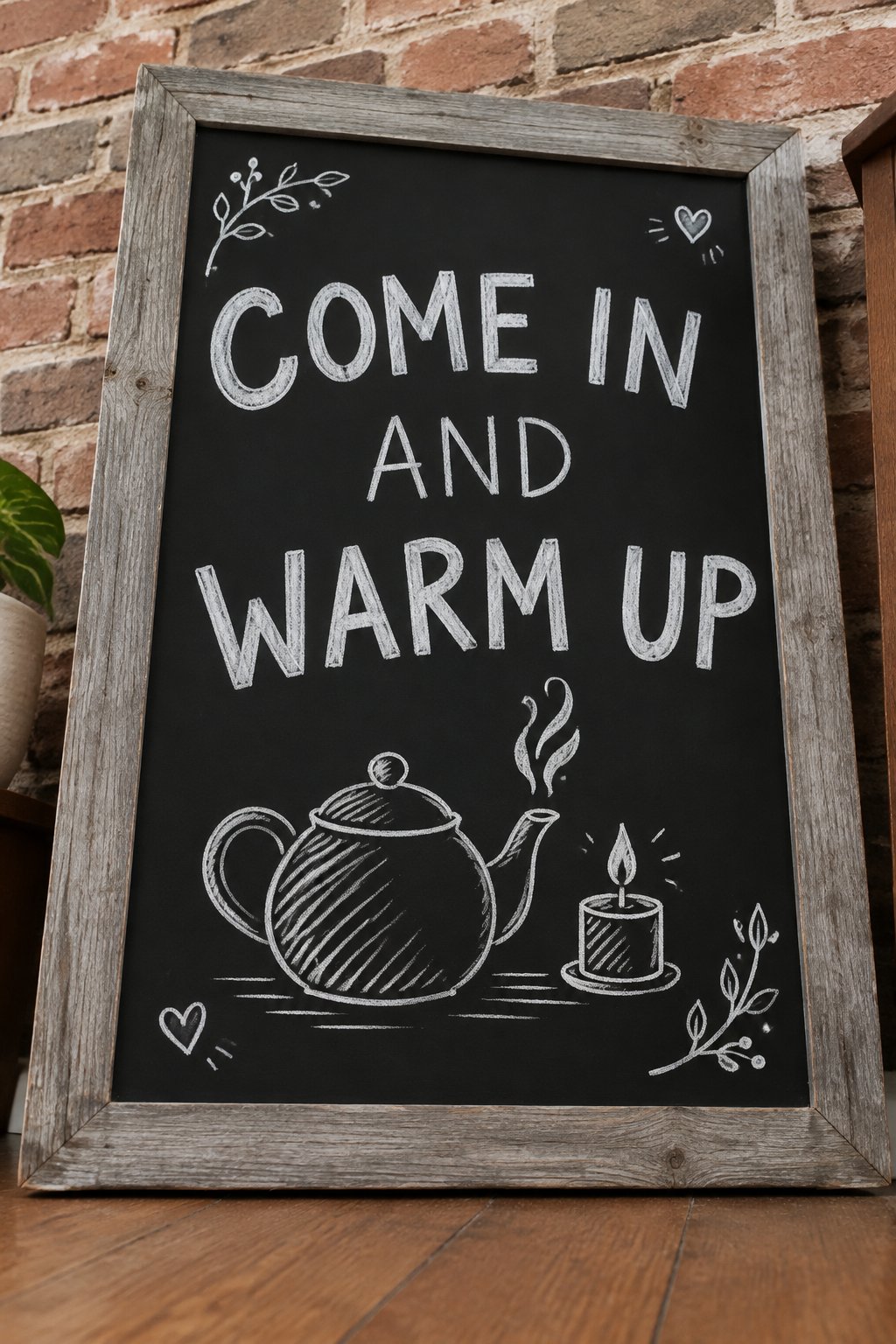 Come In and Warm Up: a hand-drawn winter chalkboard sign reading "COME IN AND WARM UP".