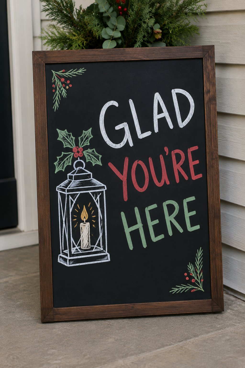 Glad You're Here Lantern: a hand-drawn christmas chalkboard sign reading "GLAD YOU'RE HERE".