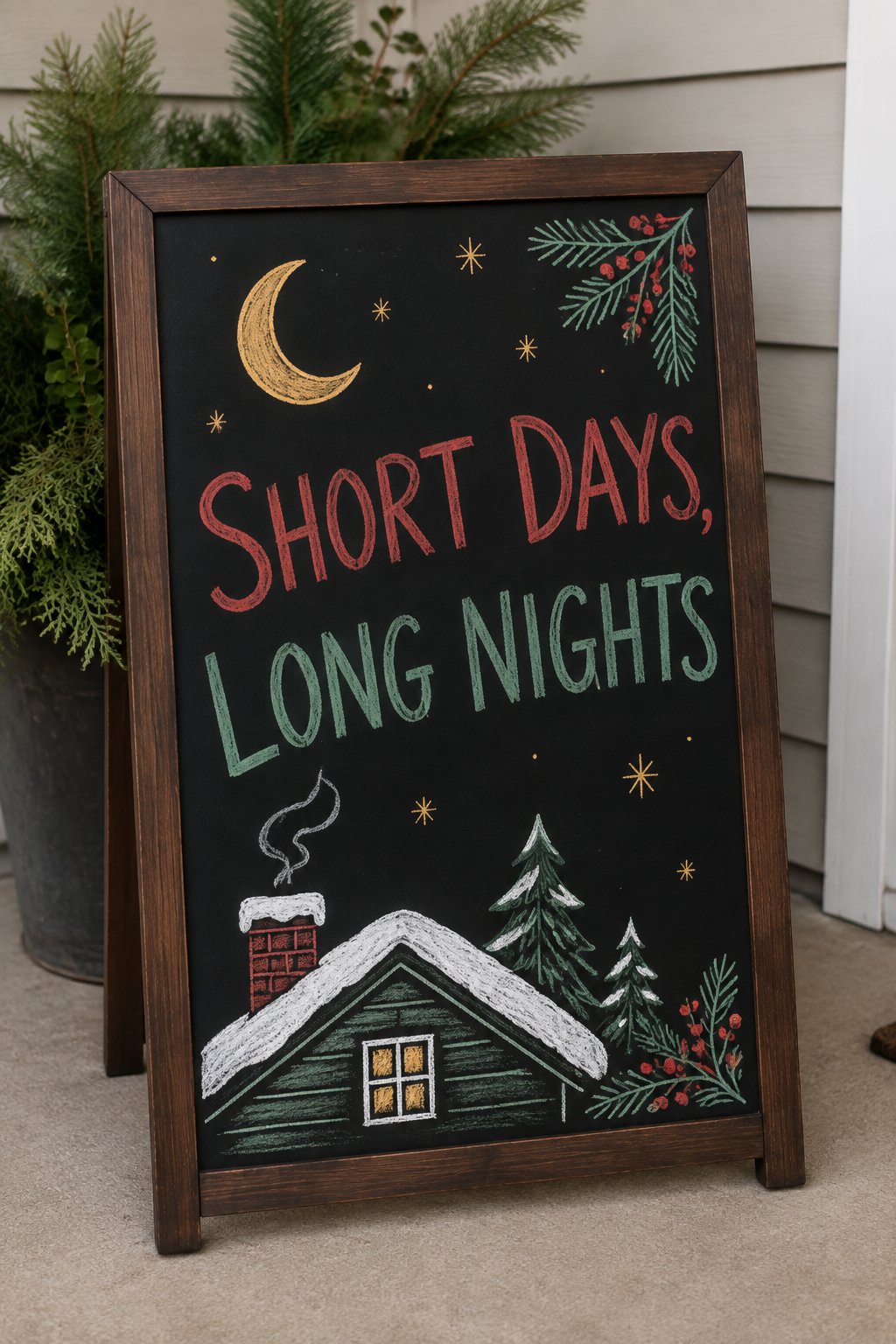 Short Days, Long Nights: a hand-drawn christmas chalkboard sign reading "SHORT DAYS, LONG NIGHTS".