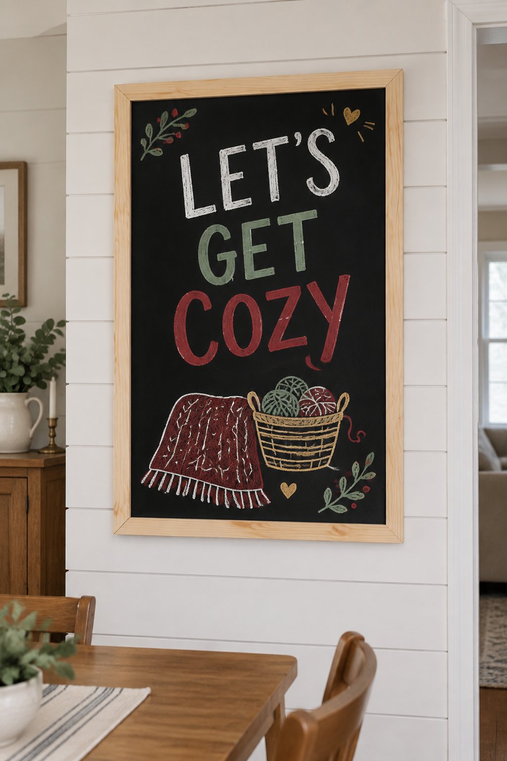 Let's Get Cozy: a hand-drawn christmas chalkboard sign reading "LET'S GET COZY".
