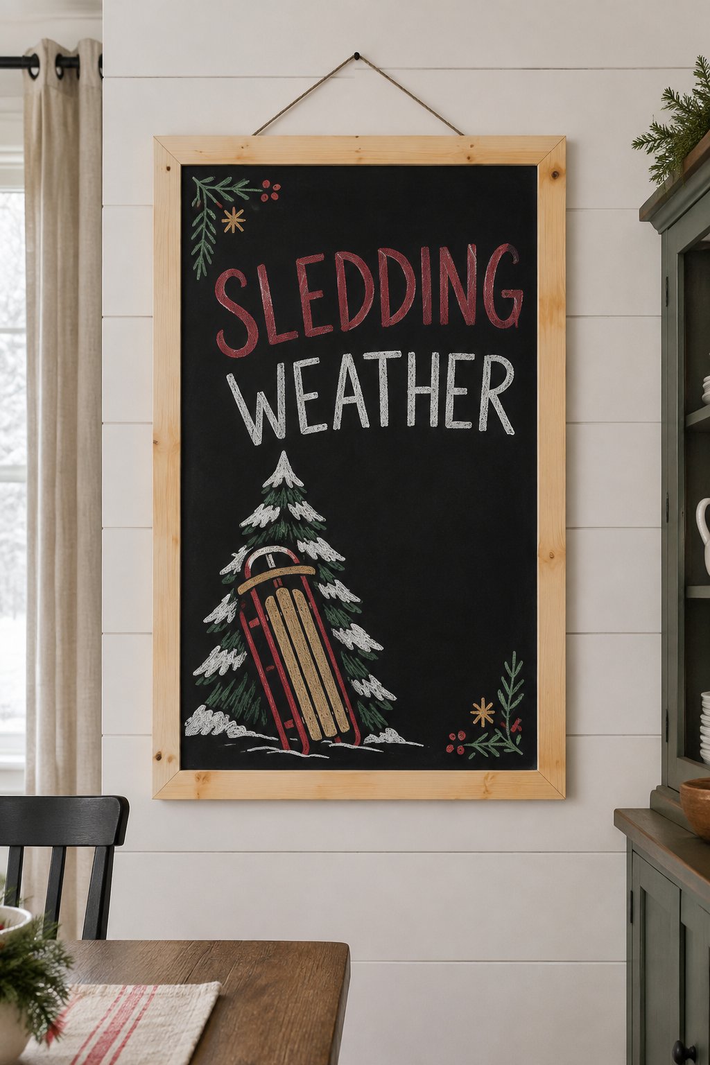 Sledding Weather Sign: a hand-drawn christmas chalkboard sign reading "SLEDDING WEATHER".