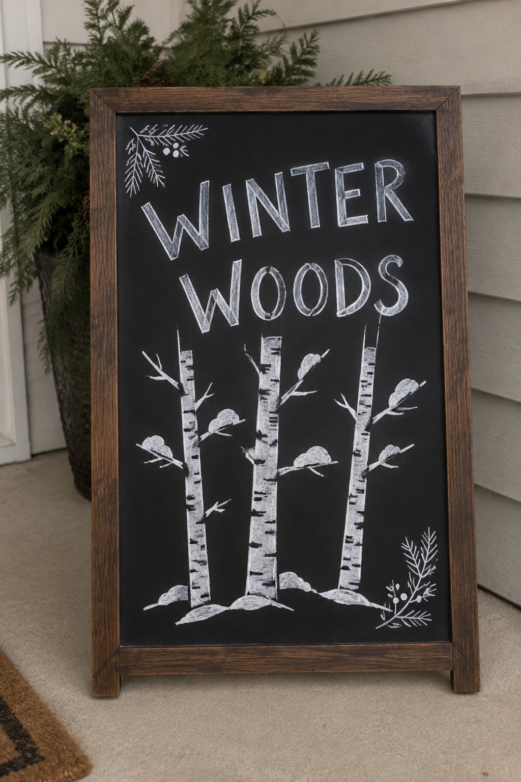 Winter Woods: a hand-drawn winter chalkboard sign reading "WINTER WOODS".