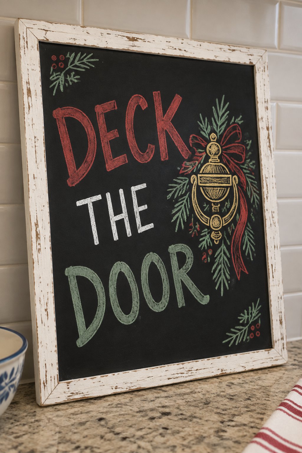 Deck the Door: a hand-drawn christmas chalkboard sign reading "DECK THE DOOR".