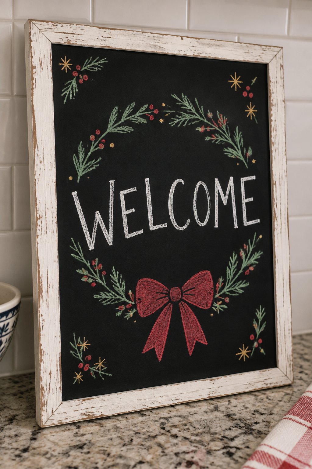Evergreen Wreath Welcome: a hand-drawn christmas chalkboard sign reading "WELCOME".