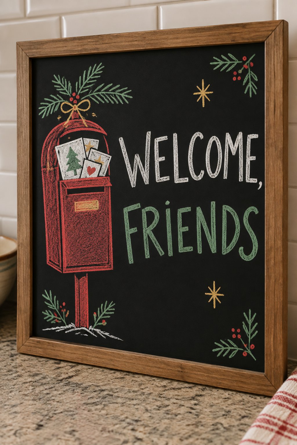 Holiday Mail Sign: a hand-drawn christmas chalkboard sign reading "WELCOME, FRIENDS".