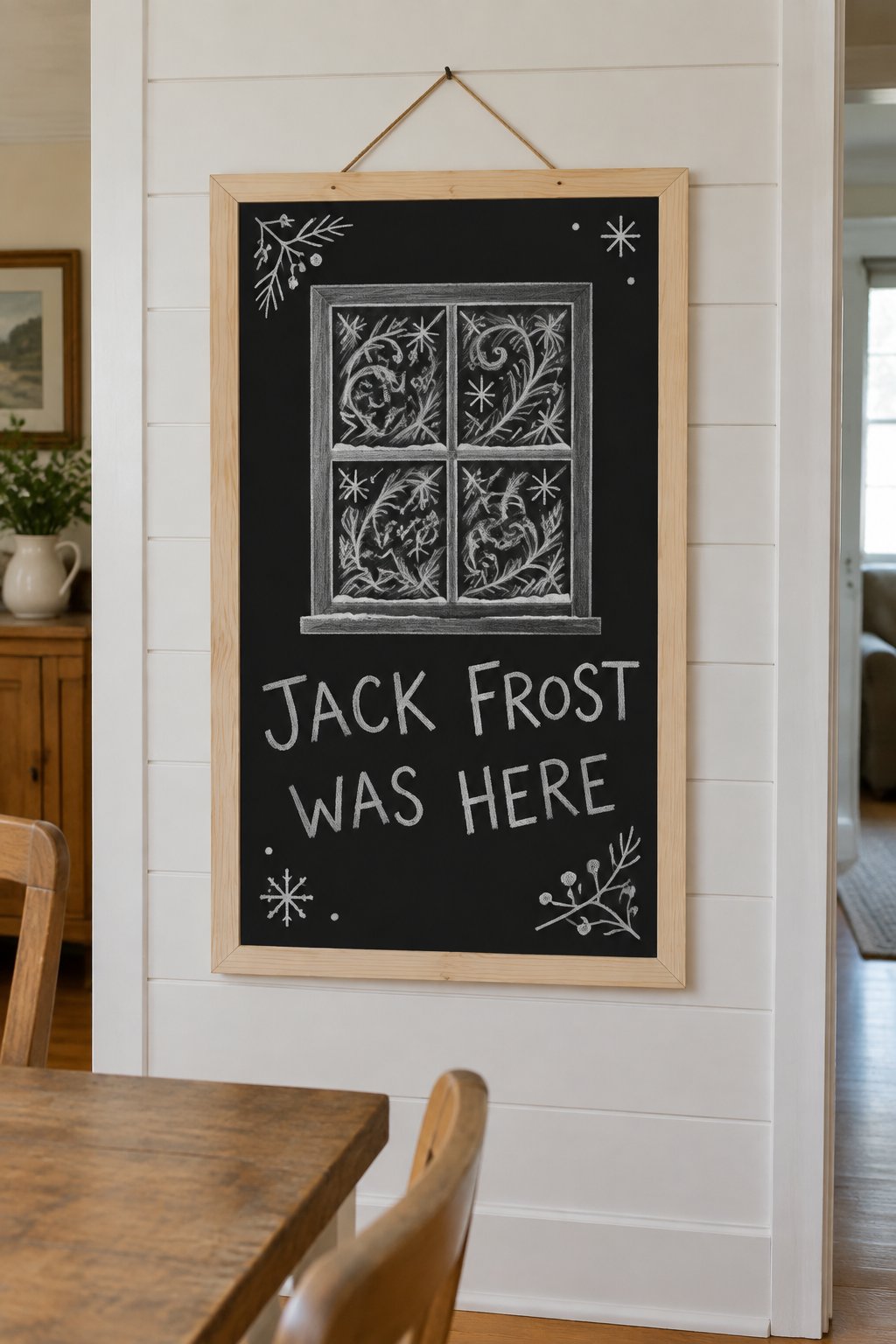 Jack Frost Window: a hand-drawn winter chalkboard sign reading "JACK FROST WAS HERE".