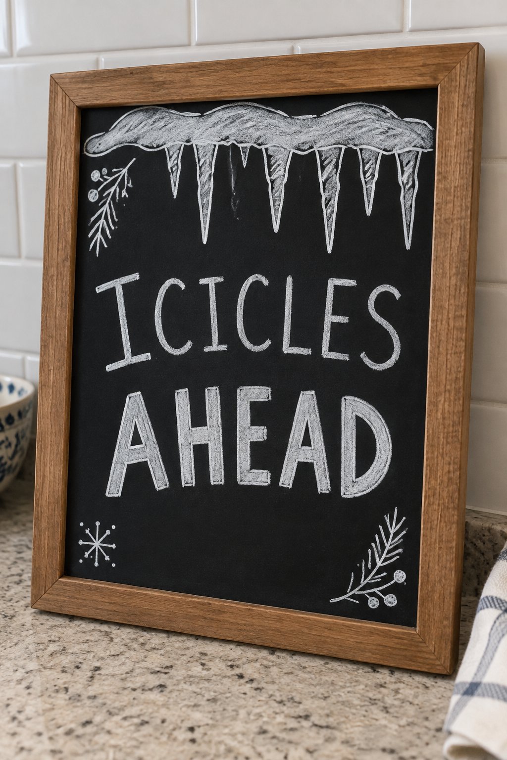 Icicles Ahead: a hand-drawn winter chalkboard sign reading "ICICLES AHEAD".