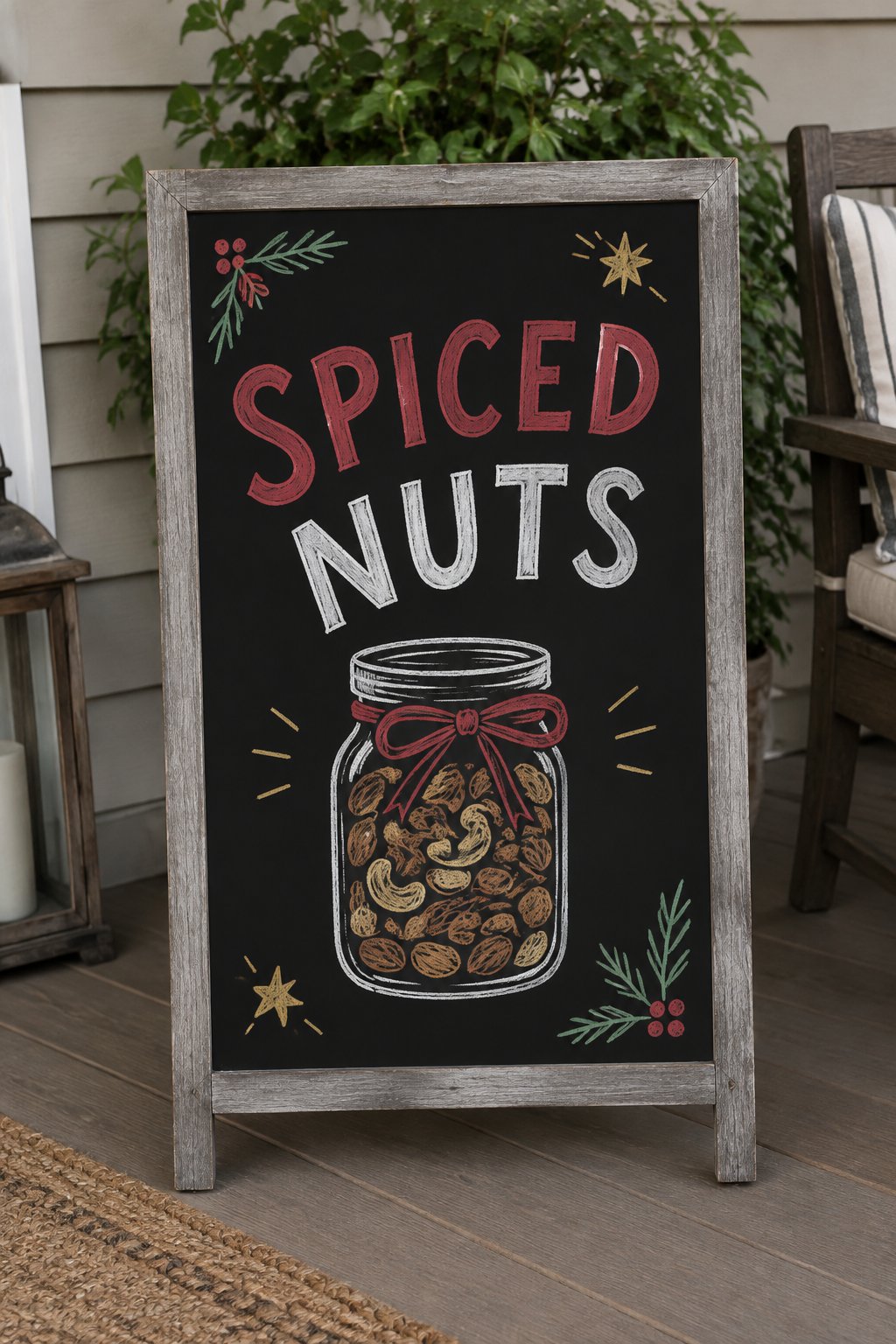 Spiced Nuts: a hand-drawn christmas chalkboard sign reading "SPICED NUTS".