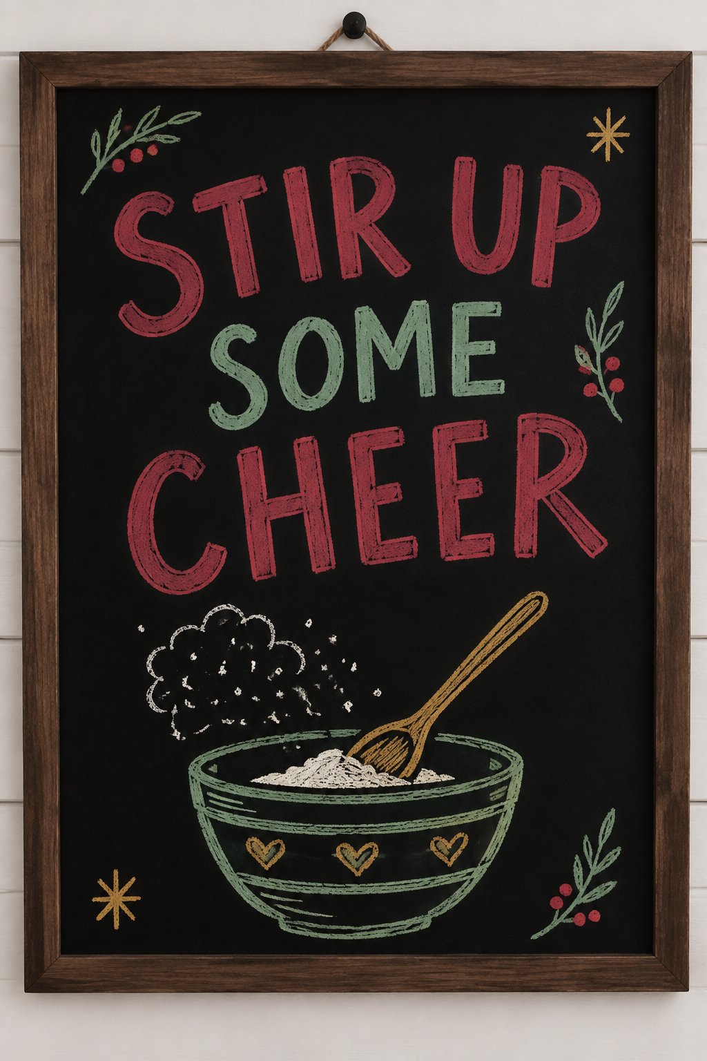 Stir Up Some Cheer: a hand-drawn christmas chalkboard sign reading "STIR UP SOME CHEER".