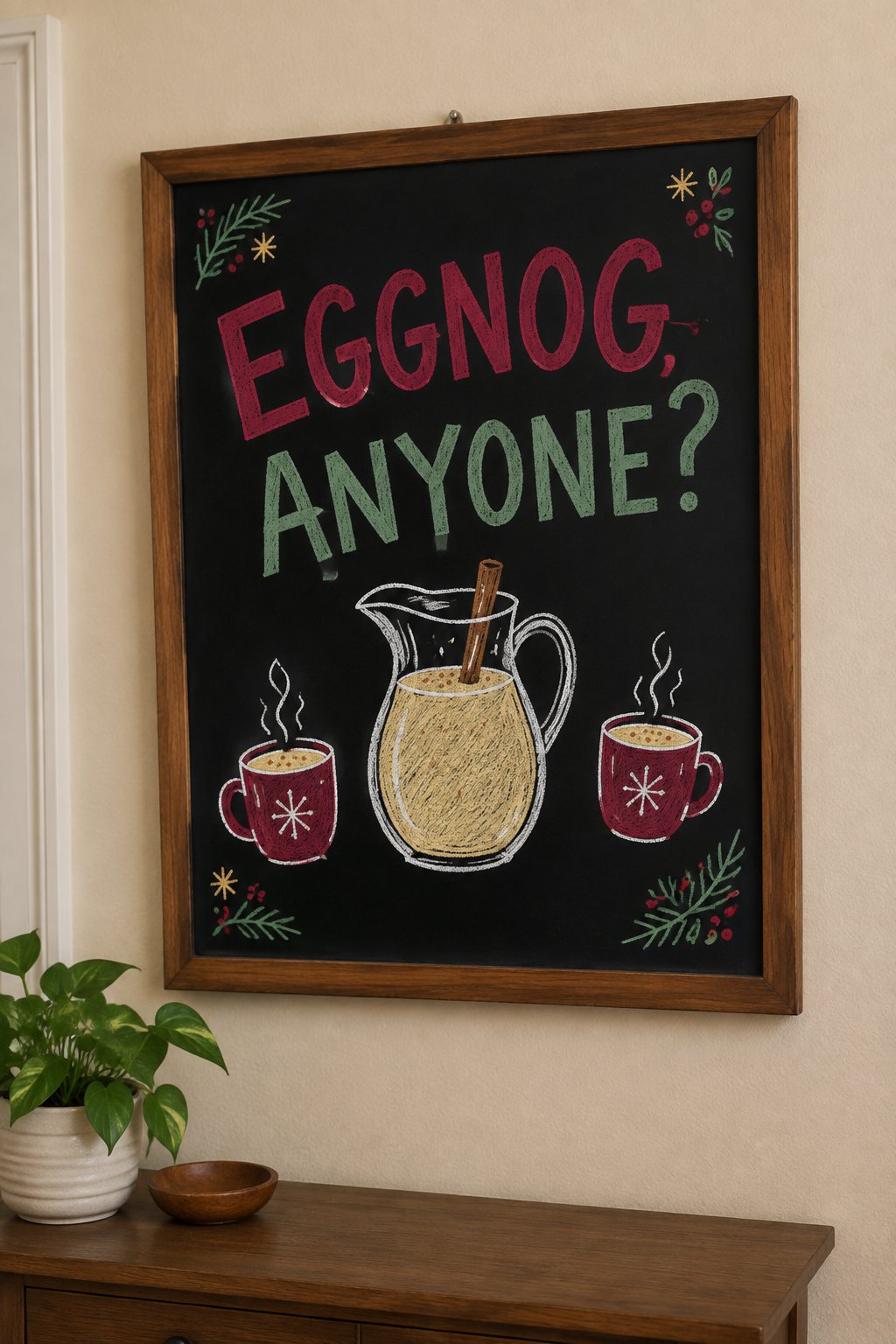 Eggnog Station: a hand-drawn christmas chalkboard sign reading "EGGNOG, ANYONE?".