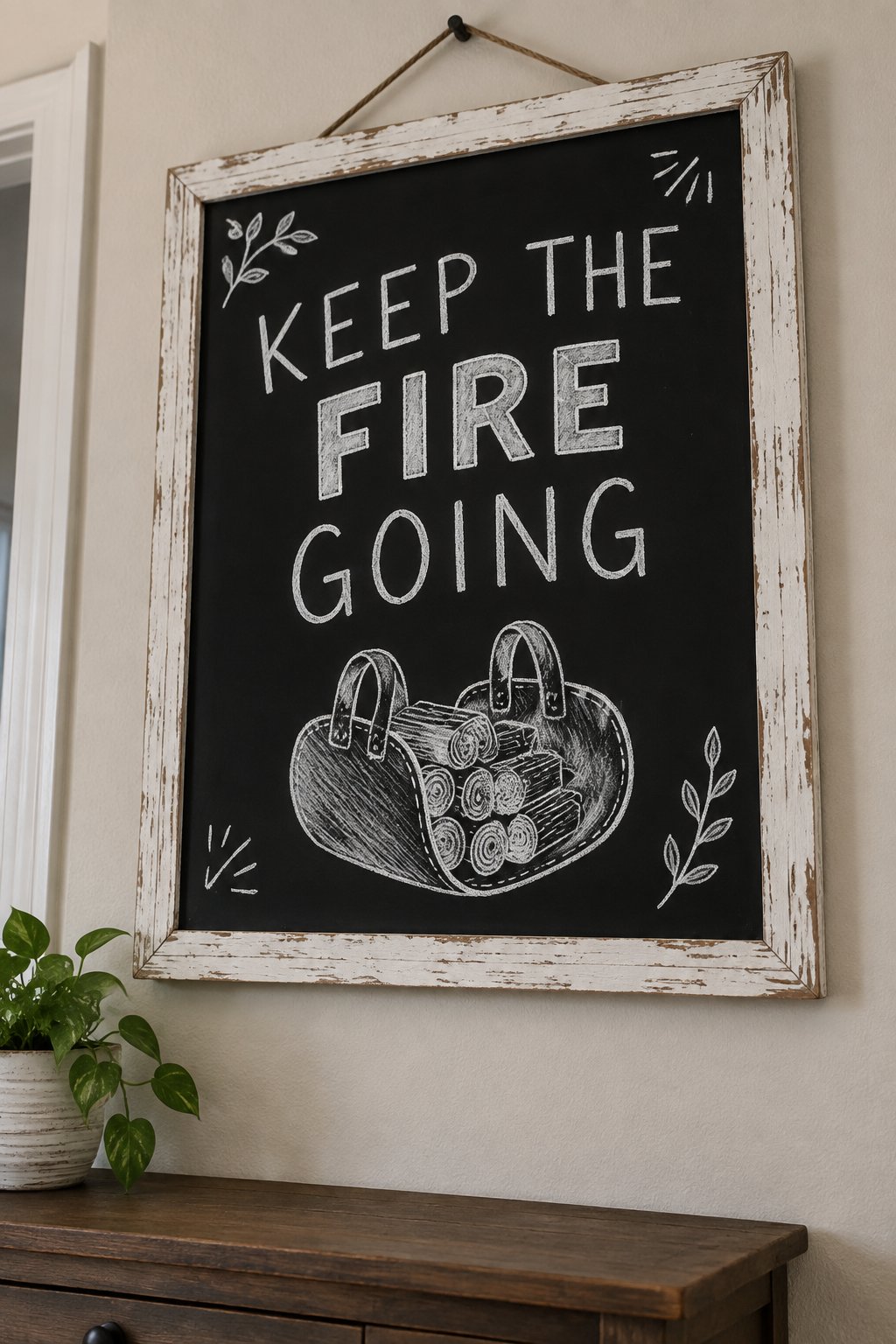 Keep the Fire Going: a hand-drawn winter chalkboard sign reading "KEEP THE FIRE GOING".