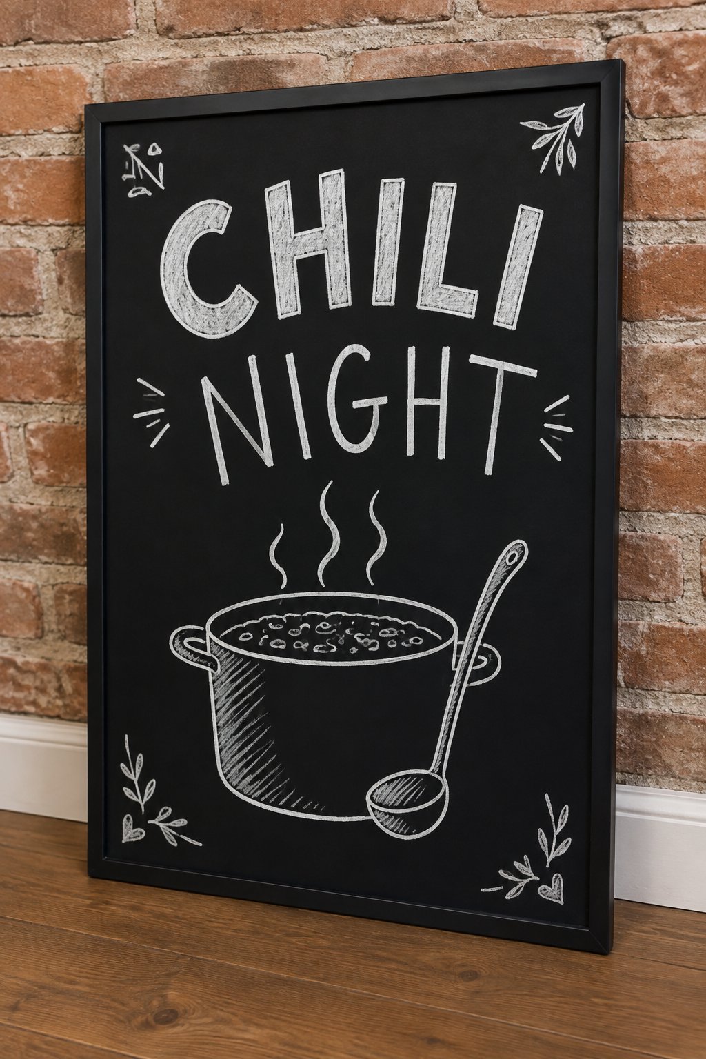 Chili Night: a hand-drawn winter chalkboard sign reading "CHILI NIGHT".