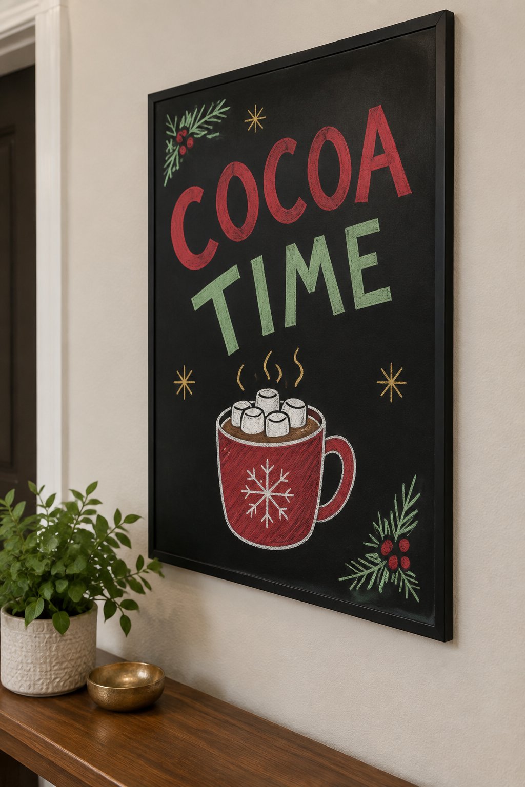 Cocoa Time: a hand-drawn christmas chalkboard sign reading "COCOA TIME".