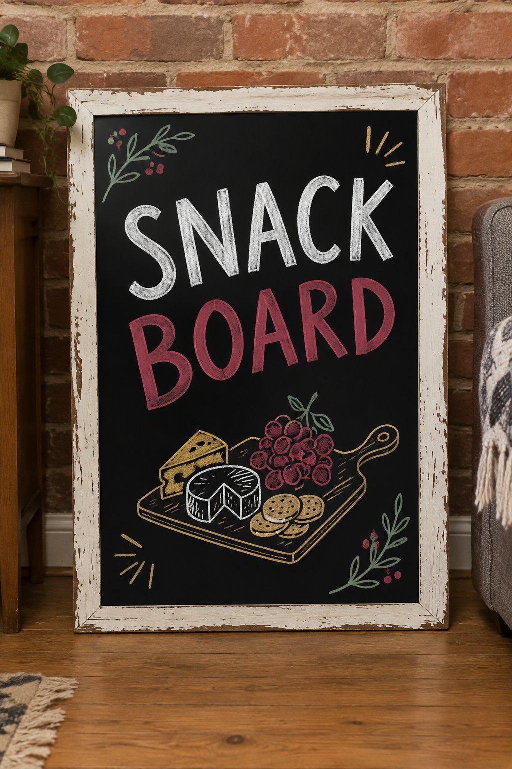 Snack Board: a hand-drawn christmas chalkboard sign reading "SNACK BOARD".