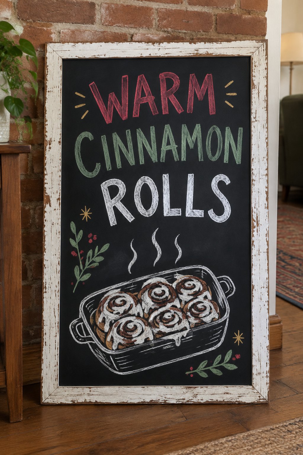 Warm Cinnamon Rolls: a hand-drawn christmas chalkboard sign reading "WARM CINNAMON ROLLS".