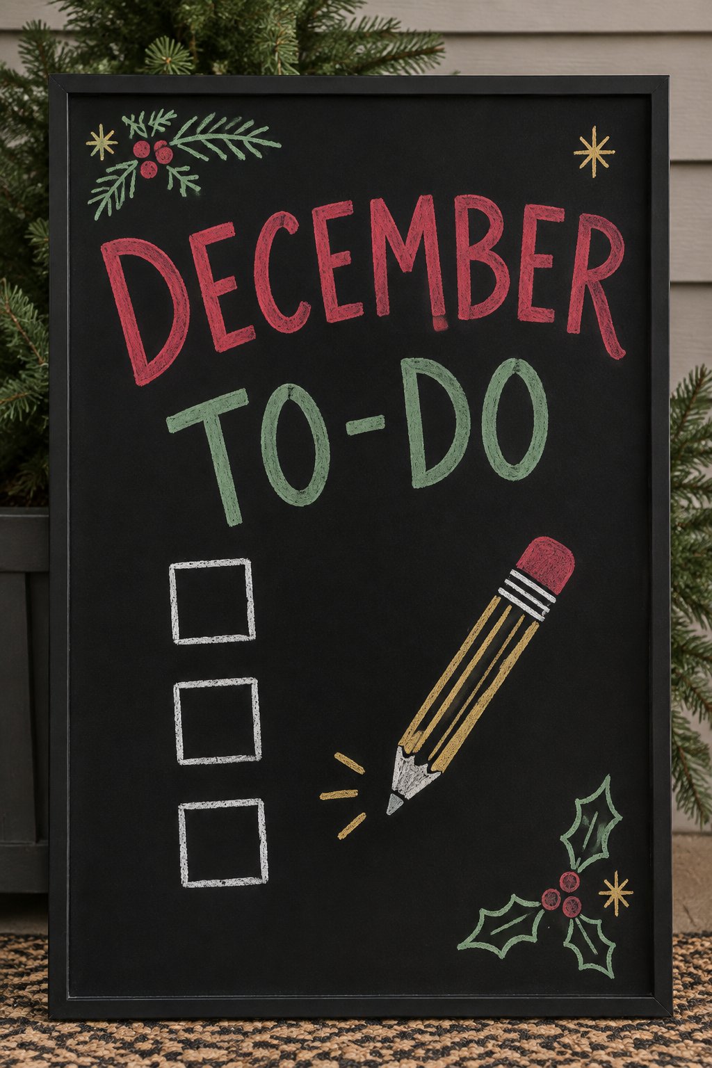 December To-Do: a hand-drawn christmas chalkboard sign reading "DECEMBER TO-DO".