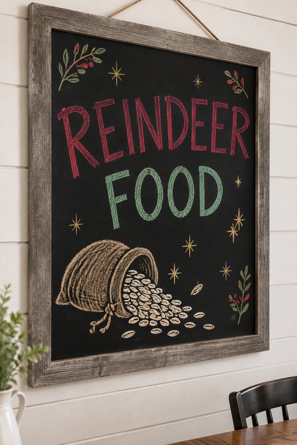 Reindeer Food Station: a hand-drawn christmas chalkboard sign reading "REINDEER FOOD".
