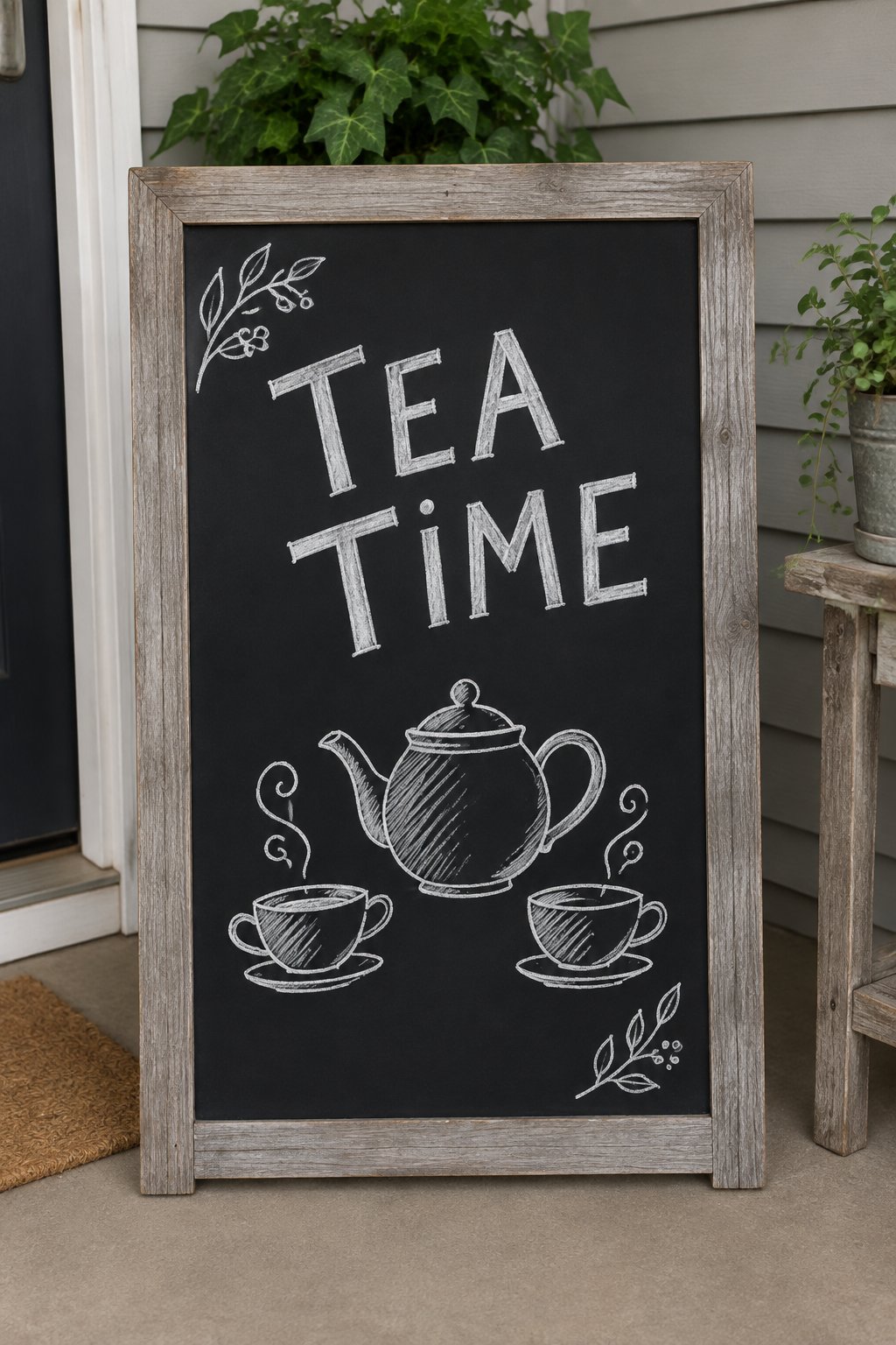 Tea Time: a hand-drawn winter chalkboard sign reading "TEA TIME".