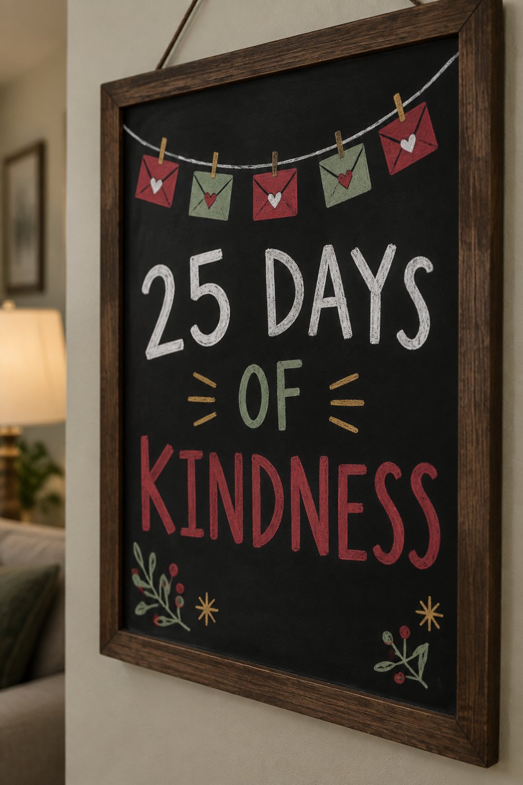 25 Days of Kindness: a hand-drawn christmas chalkboard sign reading "25 DAYS OF KINDNESS".