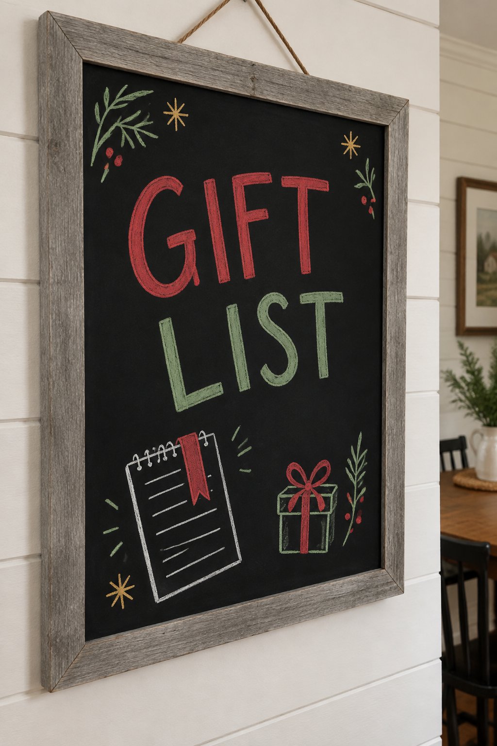 Gift List: a hand-drawn christmas chalkboard sign reading "GIFT LIST".