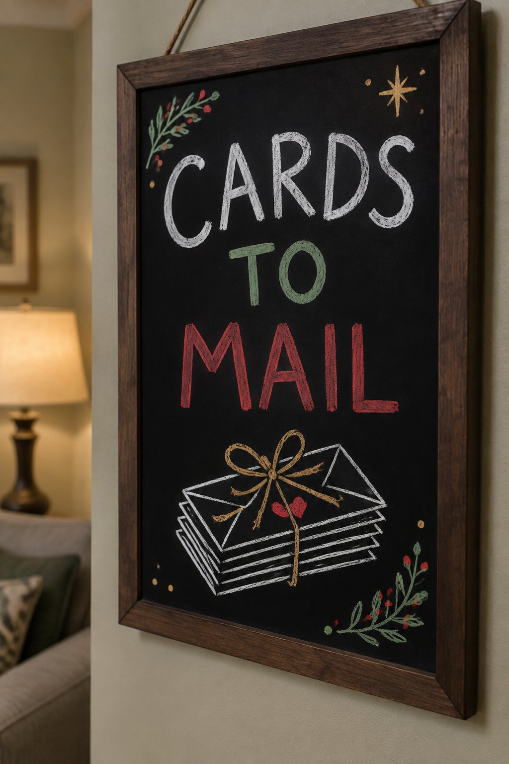 Cards to Mail: a hand-drawn christmas chalkboard sign reading "CARDS TO MAIL".