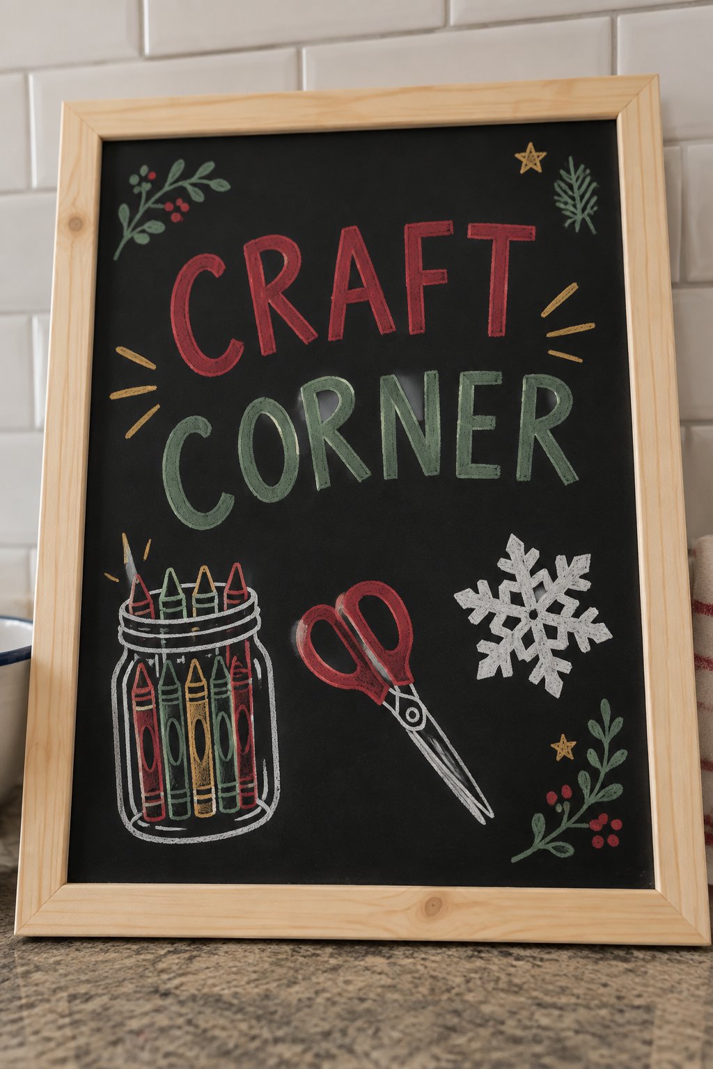 Christmas Craft Corner: a hand-drawn christmas chalkboard sign reading "CRAFT CORNER".
