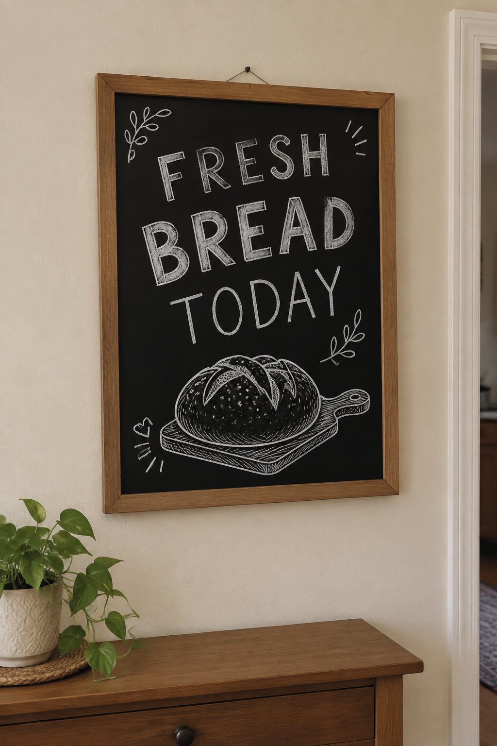 Fresh Bread Today: a hand-drawn winter chalkboard sign reading "FRESH BREAD TODAY".