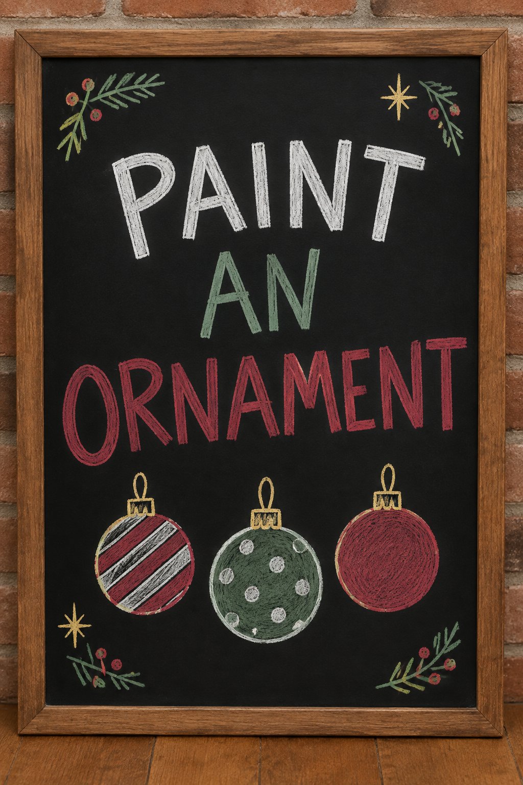 Paint an Ornament: a hand-drawn christmas chalkboard sign reading "PAINT AN ORNAMENT".