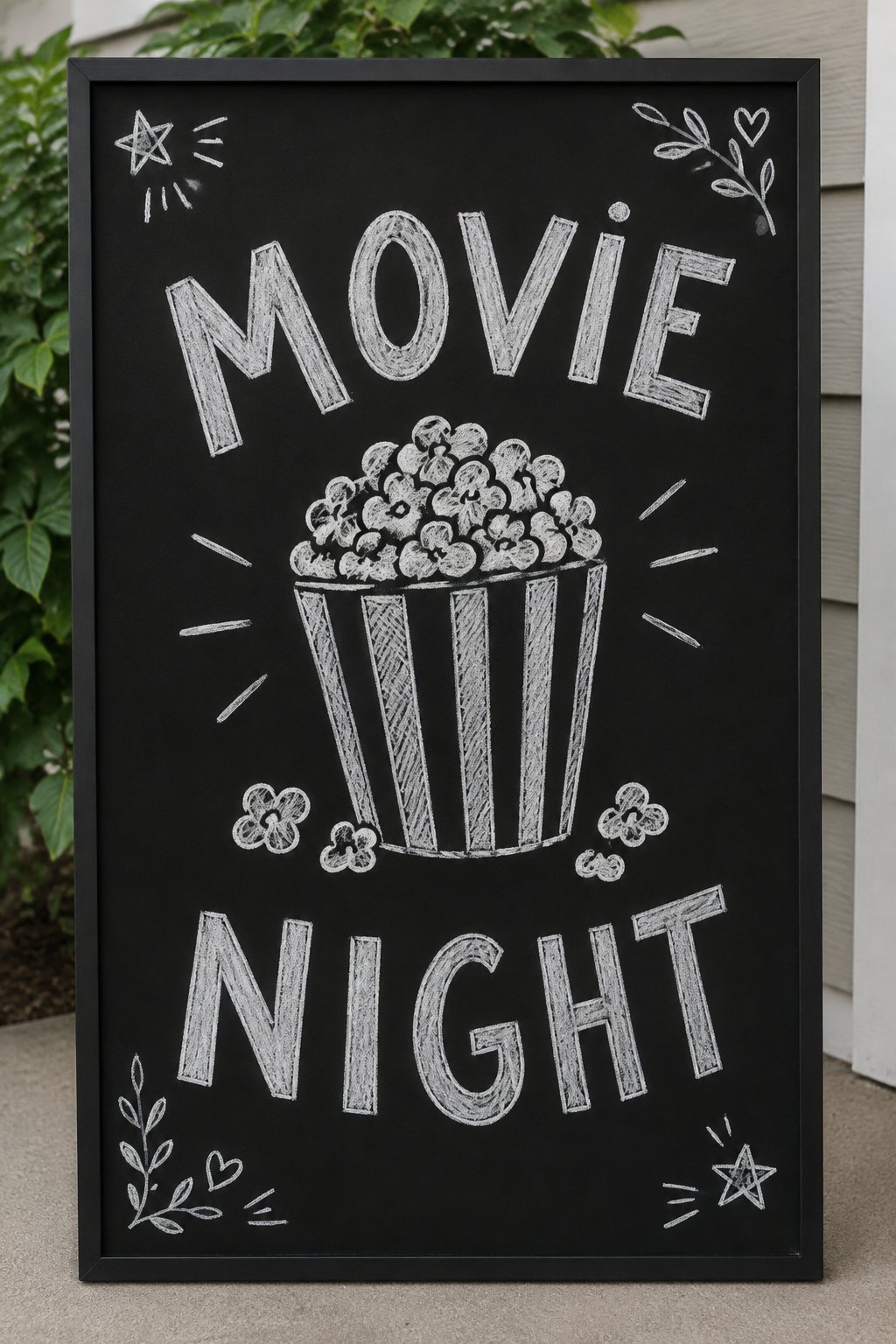 Winter Movie Night: a hand-drawn winter chalkboard sign reading "MOVIE NIGHT".