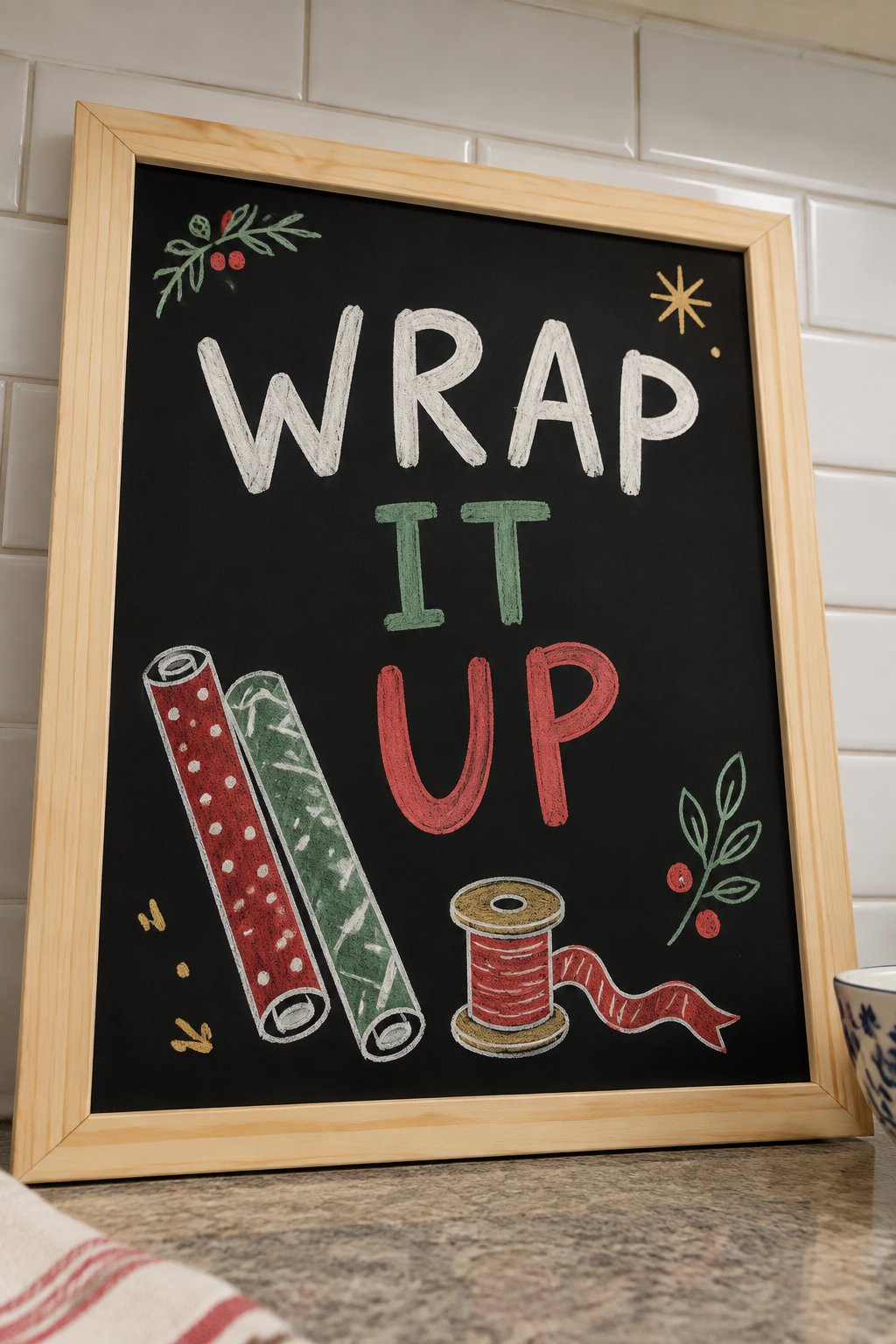 Wrap It Up: a hand-drawn christmas chalkboard sign reading "WRAP IT UP".
