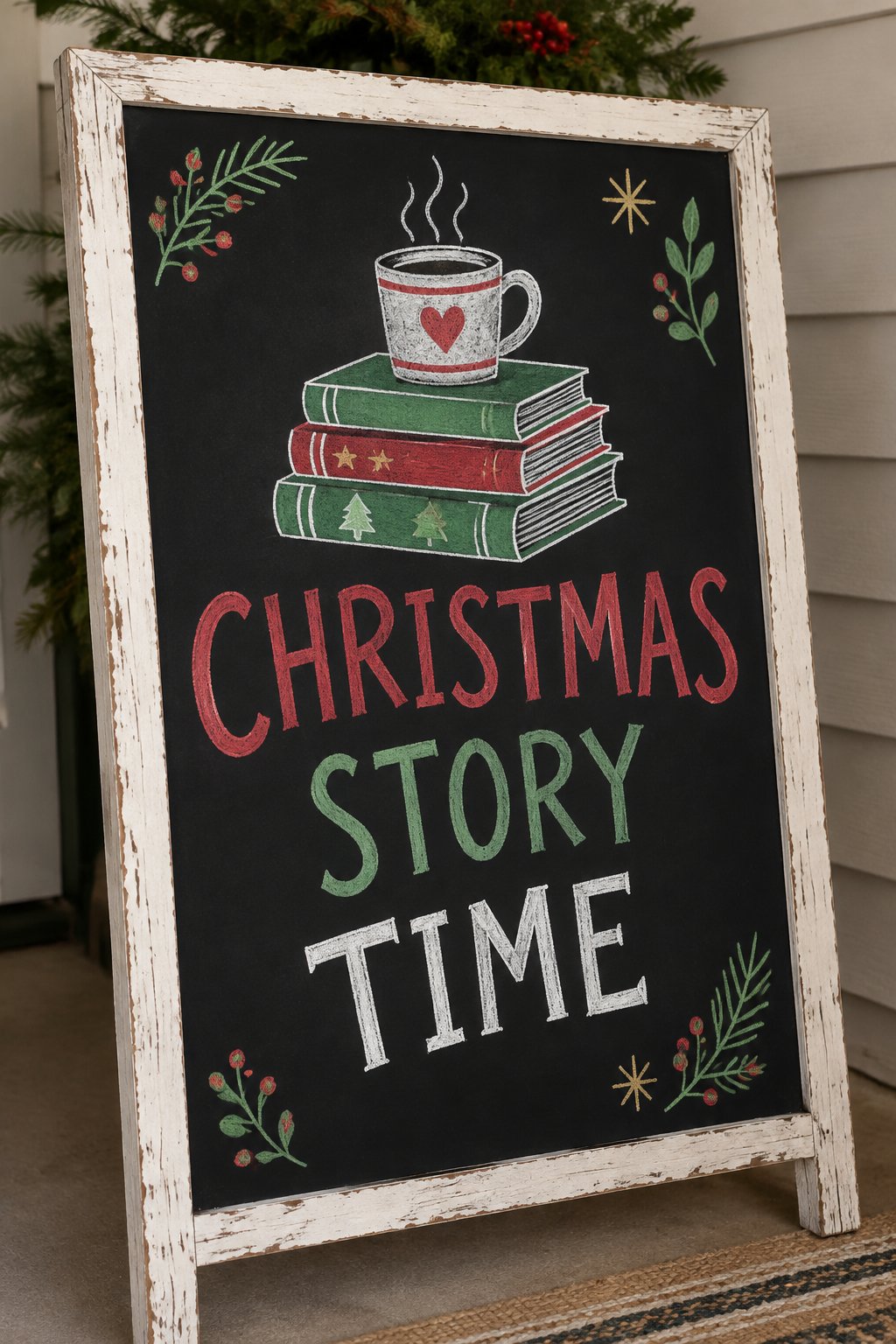 Christmas Story Time: a hand-drawn christmas chalkboard sign reading "CHRISTMAS STORY TIME".