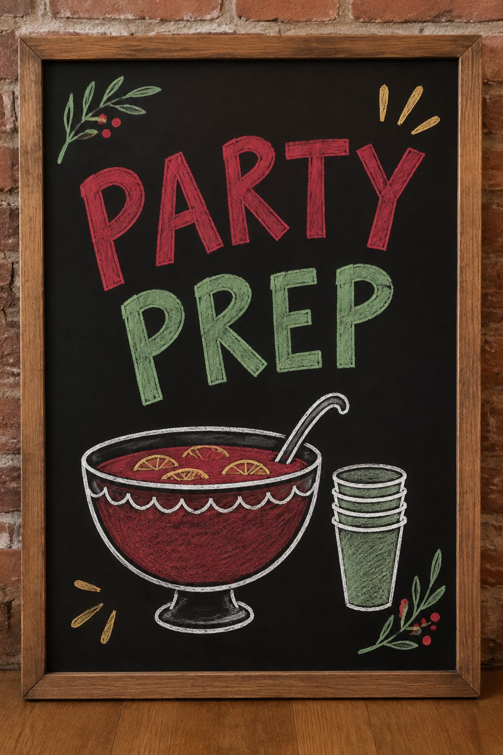 Party Prep: a hand-drawn christmas chalkboard sign reading "PARTY PREP".